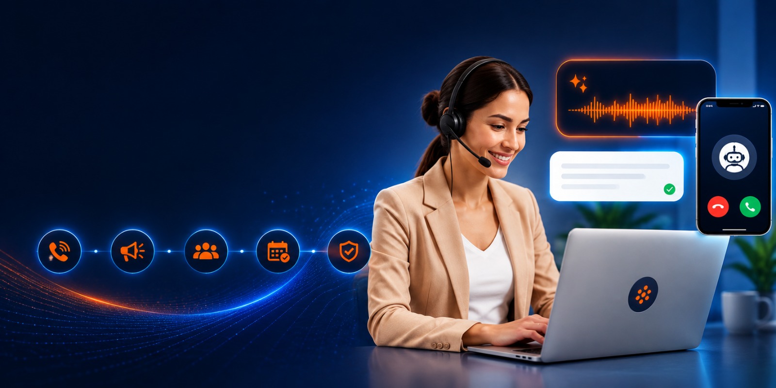 Marvic AI receptionist with headset handling calls and chats
