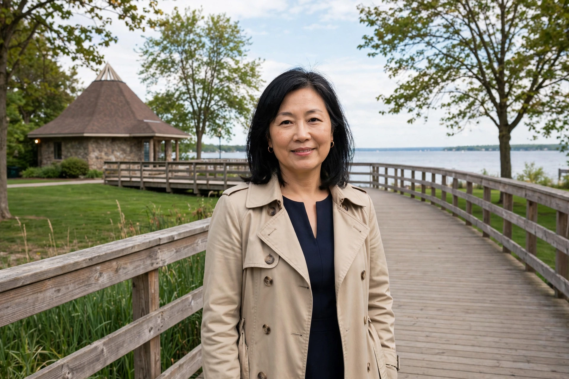 Ajax business owner in front of the Rotary Park waterfront pavilion on Lake Ontario with the waterfront trail behind her