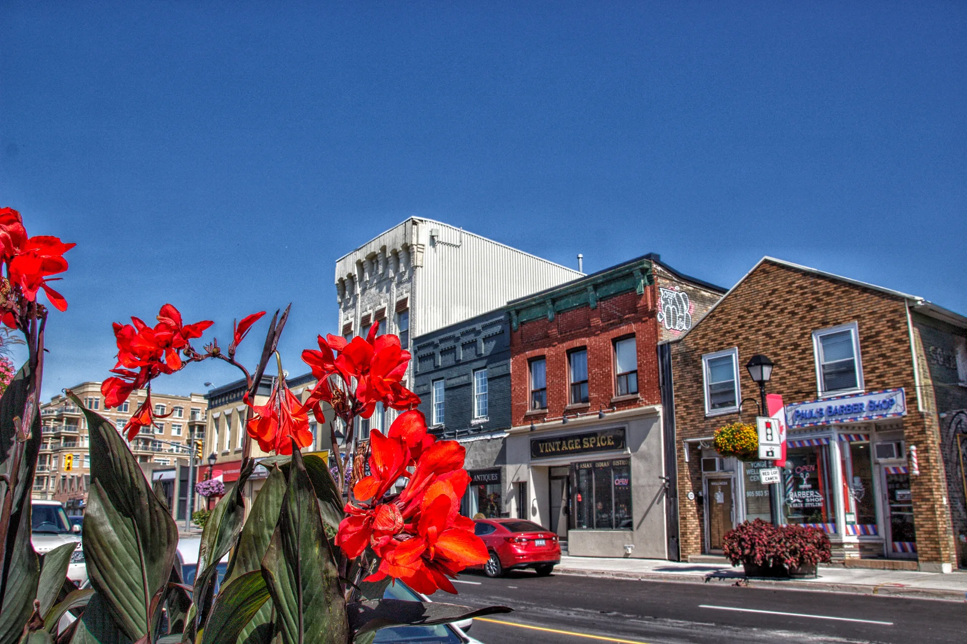 Aurora business owner standing on Yonge Street near Wellington with small-town storefronts behind on a bright morning