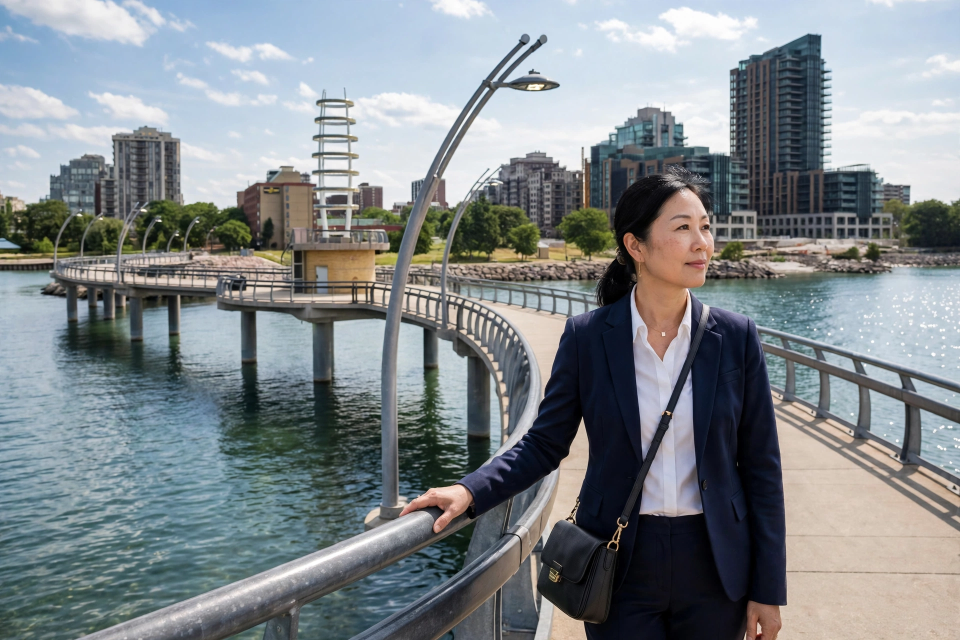 Burlington business owner standing on the waterfront promenade with the Brant Street Pier behind her
