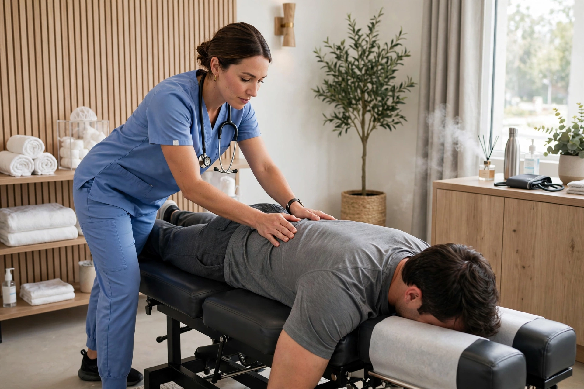 Chiropractor performing a gentle adjustment on a patient in a clean treatment room