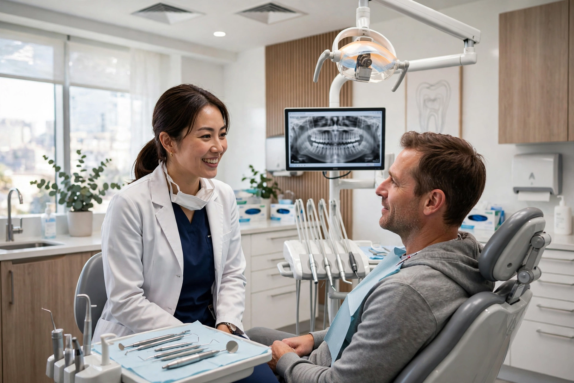 Friendly dentist in scrubs speaking with a relaxed patient in a bright modern dental operatory with a large window