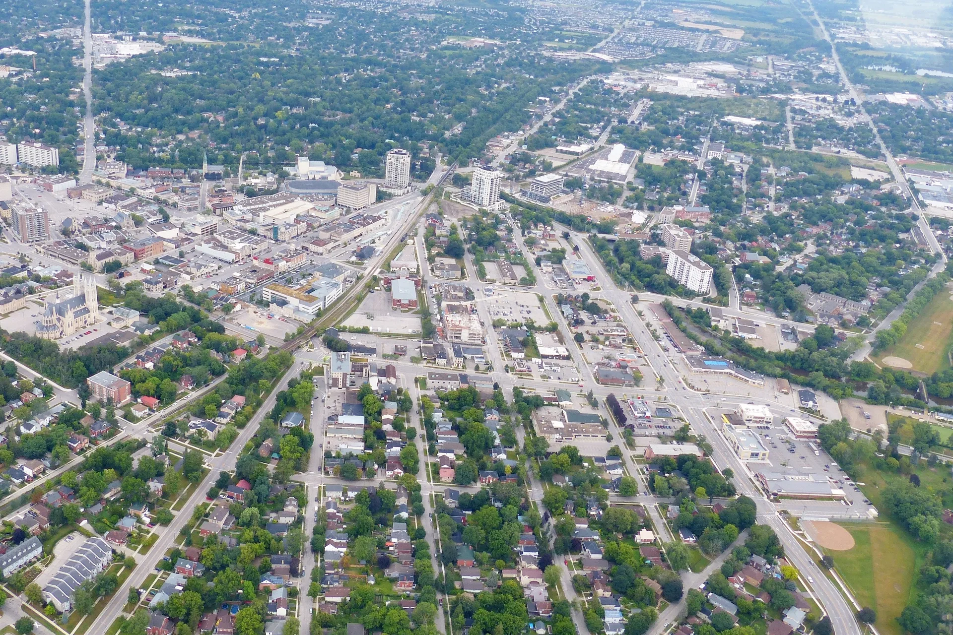 Aerial view of downtown Guelph with the Church of Our Lady basilica, Wyndham Street and the city spread below