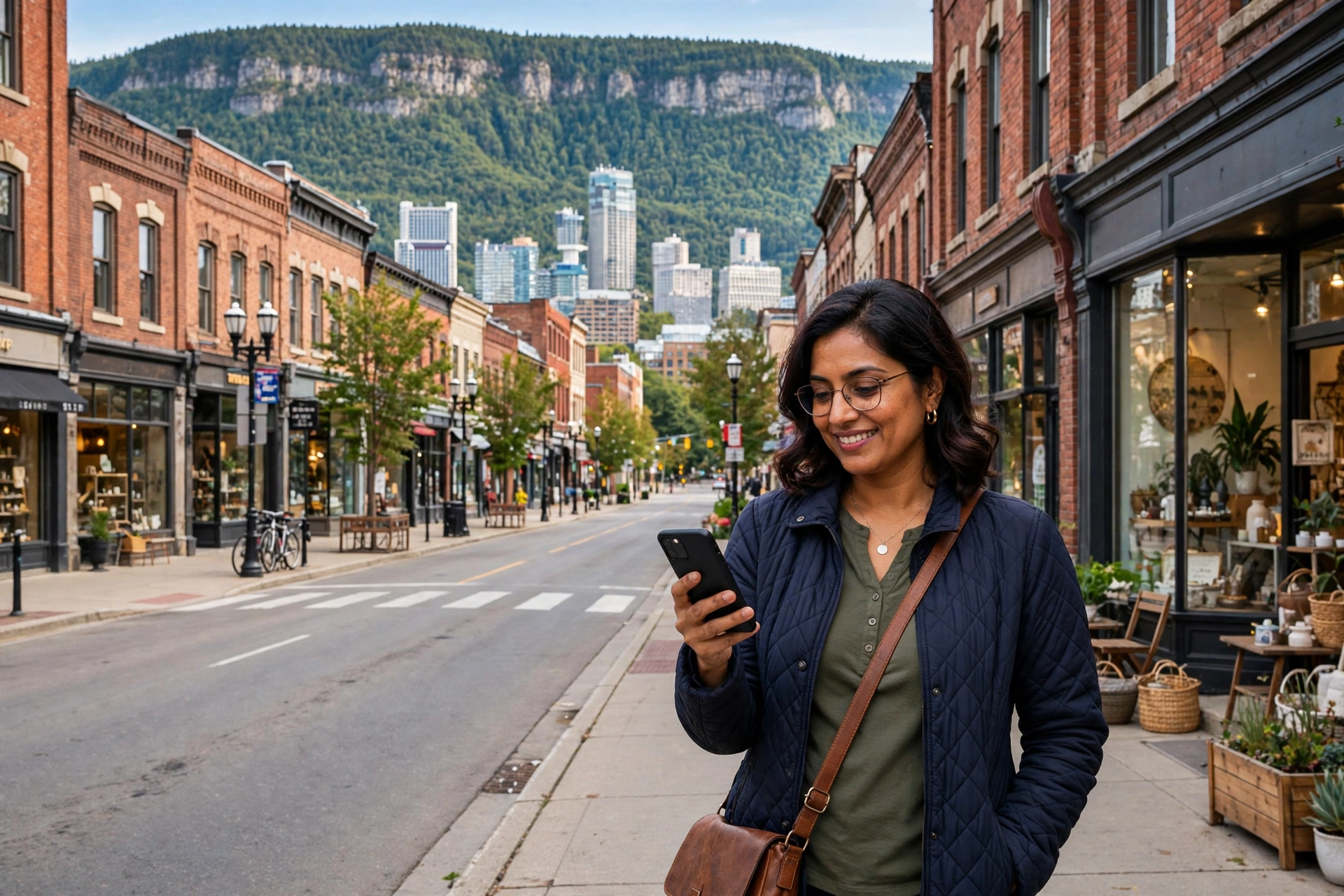 business owner downtown Hamilton holding a phone showing an AI answer, skyline behind
