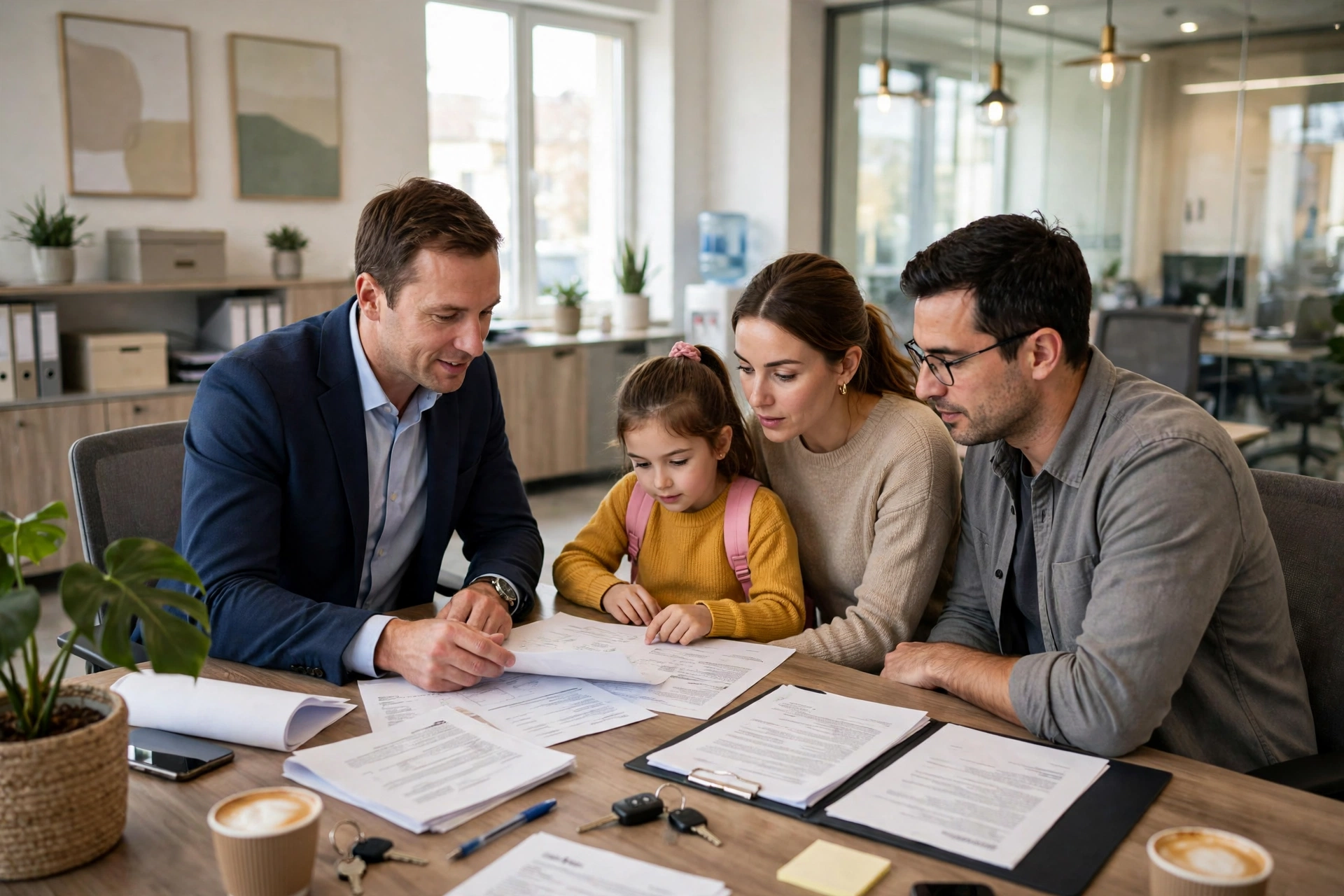 Insurance broker reviewing home and auto policies with a young family at a desk