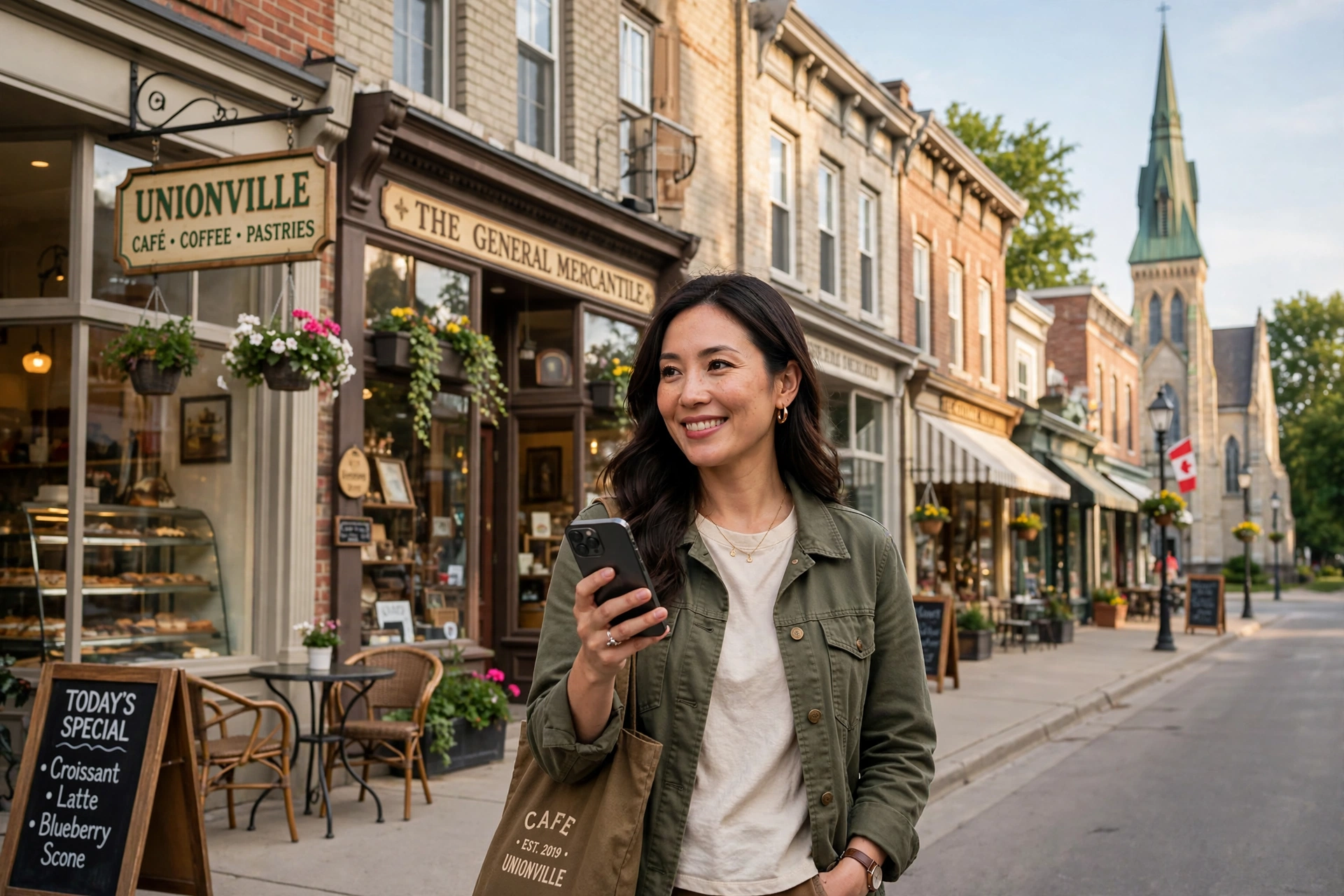 Markham cafe owner holding a phone showing an AI answer on Main Street Unionville, with heritage storefronts behind her