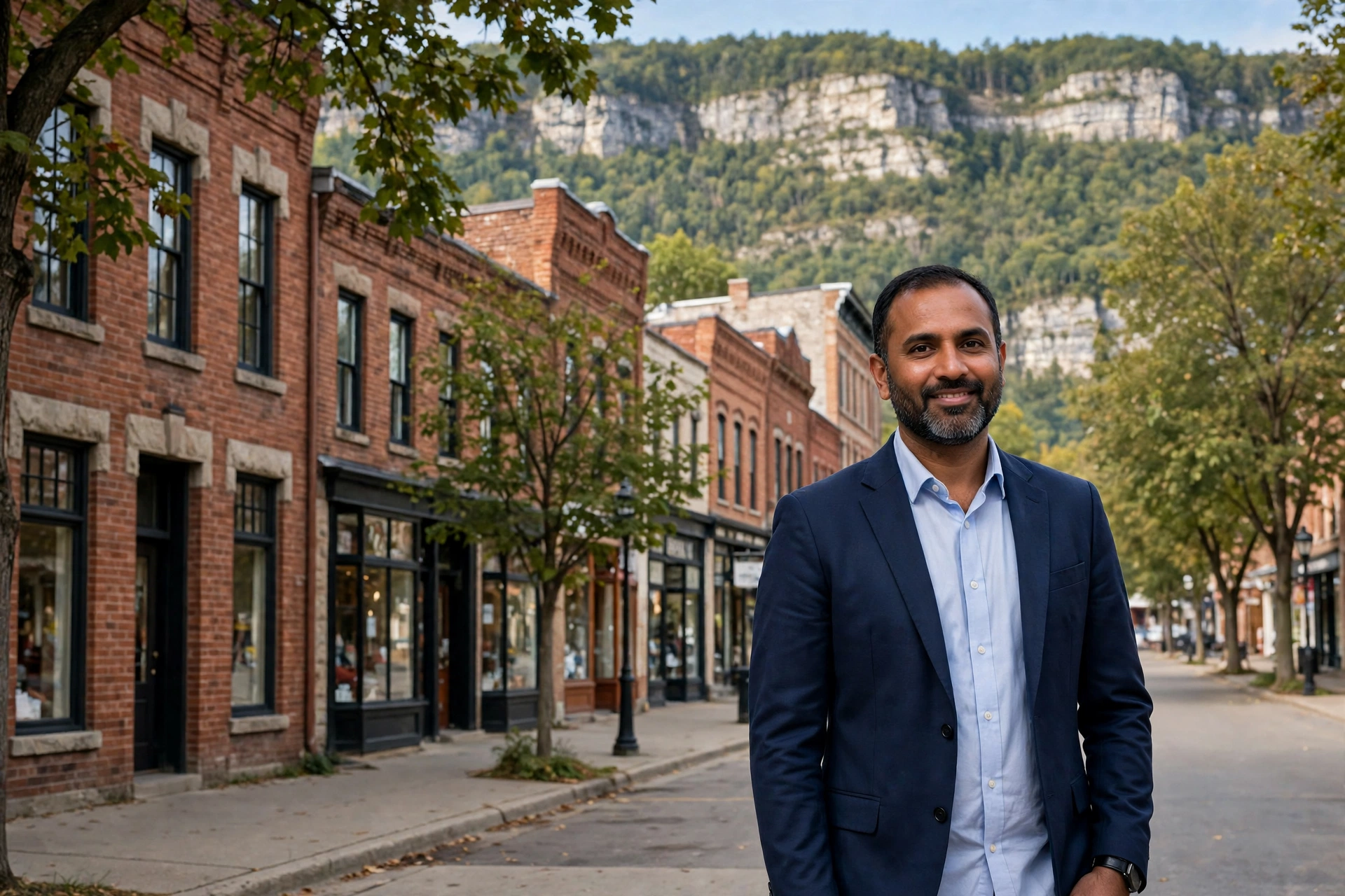 Milton business owner standing on historic Main Street with the Niagara Escarpment rising behind him
