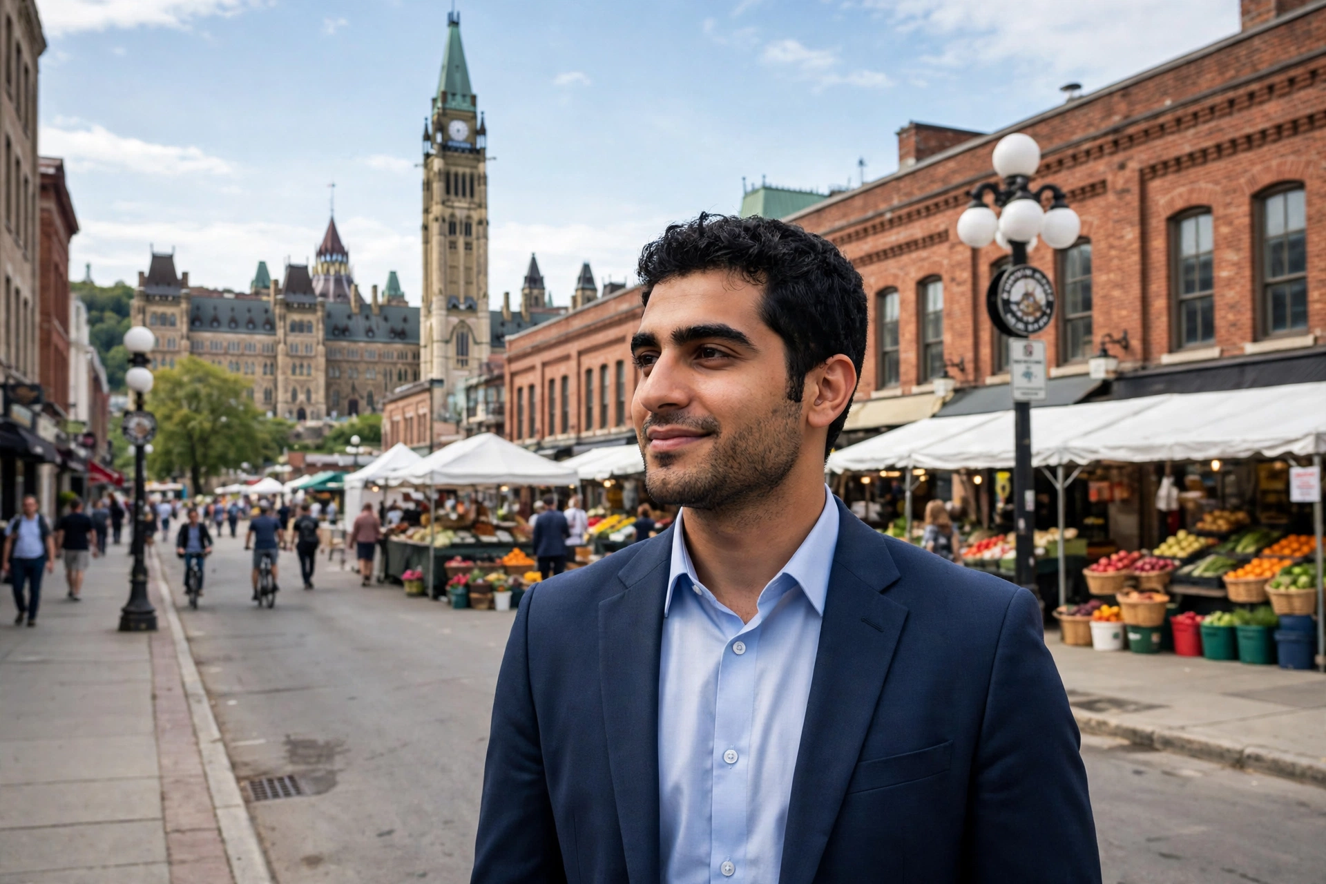 Ottawa business owner standing in the ByWard Market with the Peace Tower visible behind him