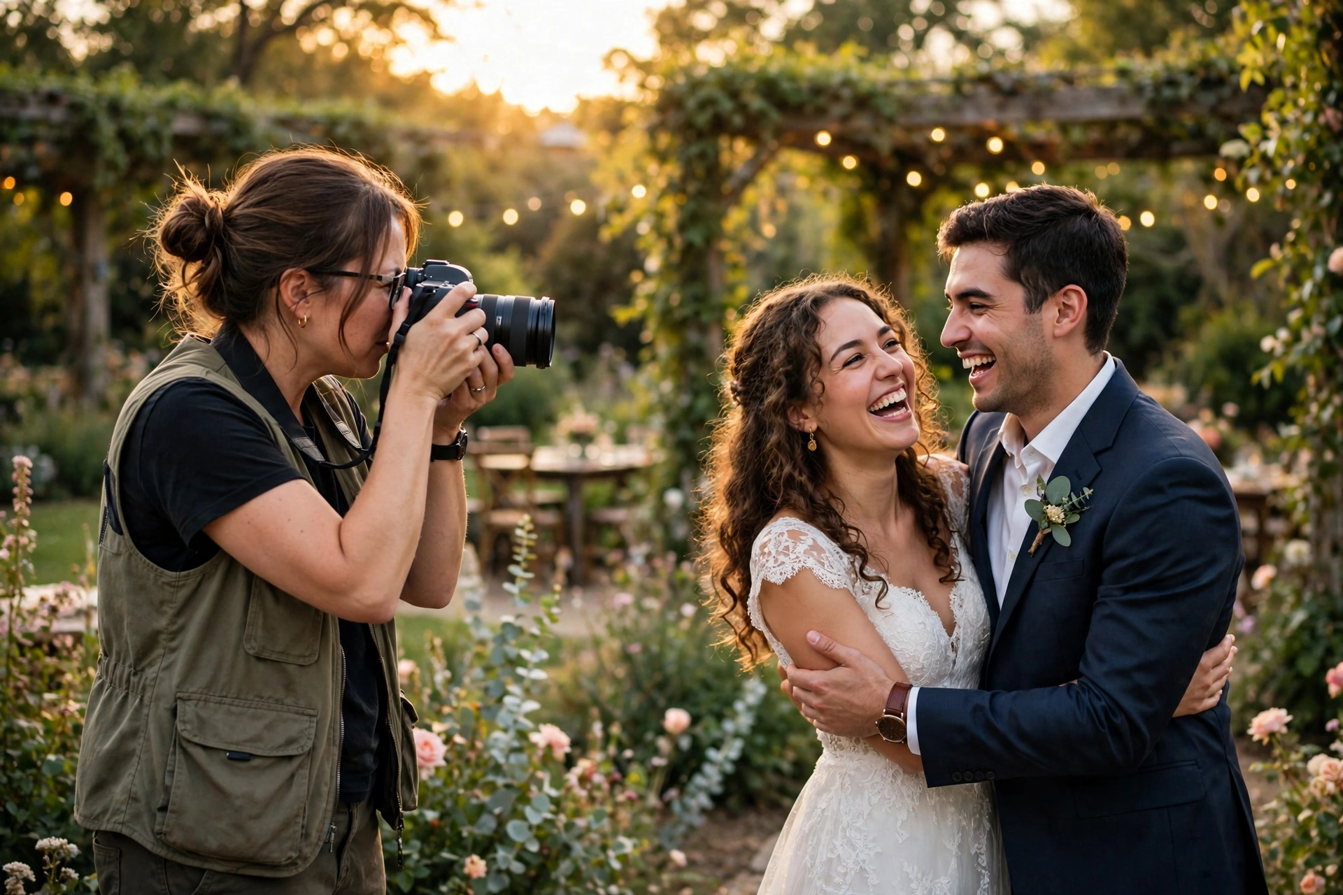 Wedding photographer capturing a candid golden-hour moment in a garden