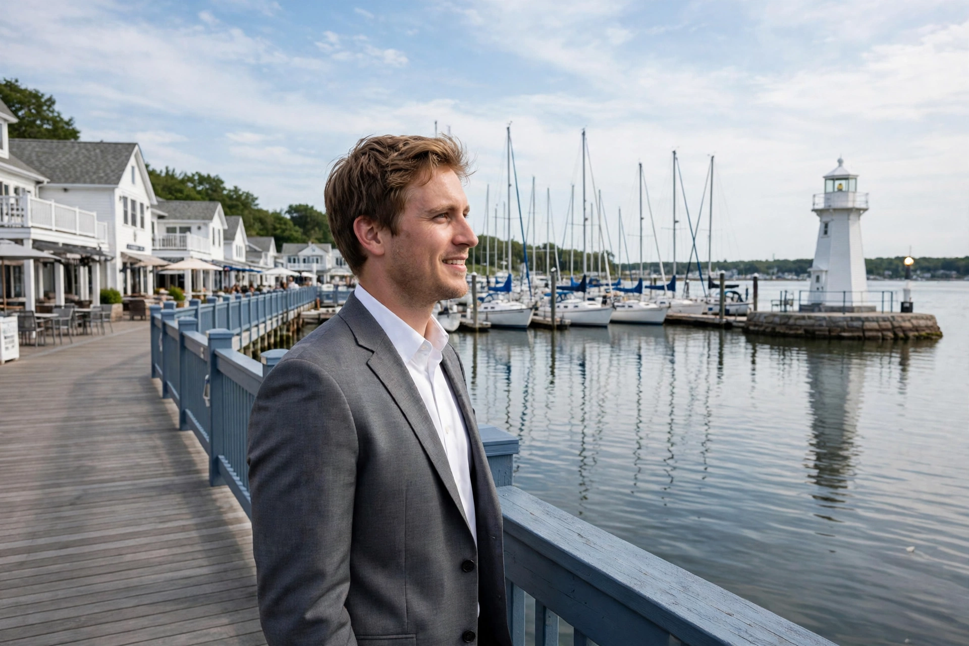 Pickering business owner standing in the Nautical Village on Frenchman's Bay with sailboats and Liverpool Road shops behind him