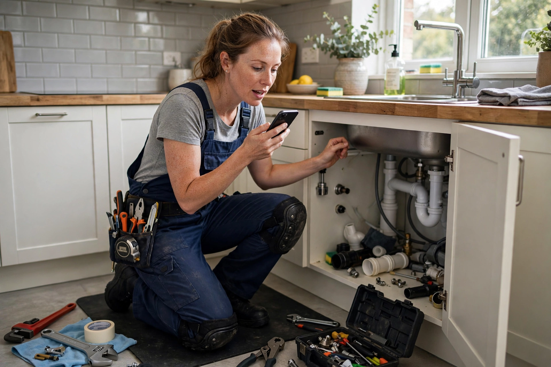 Plumber in work clothes speaking a question into her smartphone while repairing a kitchen sink in a residential home