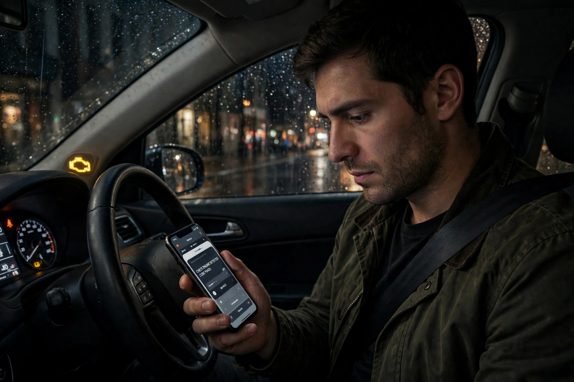 Driver sitting in a parked car at night looking at a dashboard warning light while using a phone to chat with a repair shop
