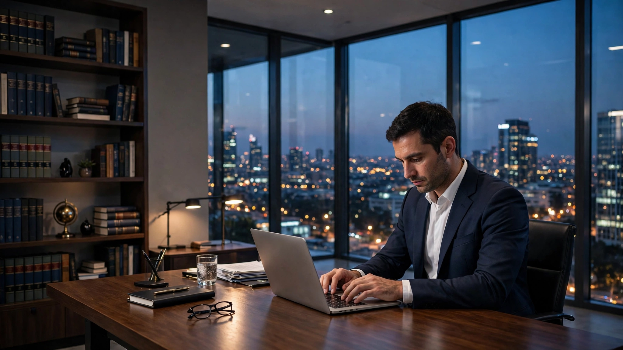 Professional law firm website on a laptop at night, with a lawyer reviewing a consultation booking in a quiet office