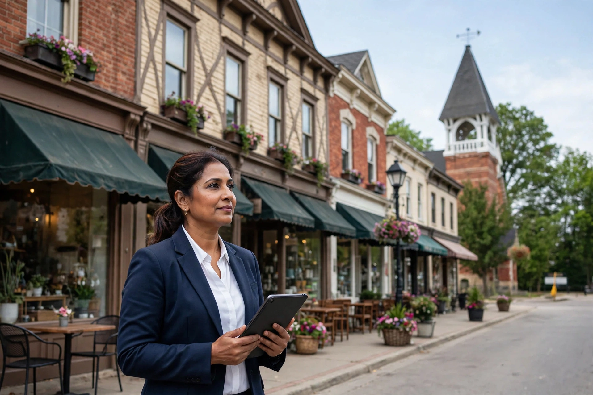 Markham realtor reviewing a website chat on her phone outside an office along Highway 7, with the tech corridor towers behind her