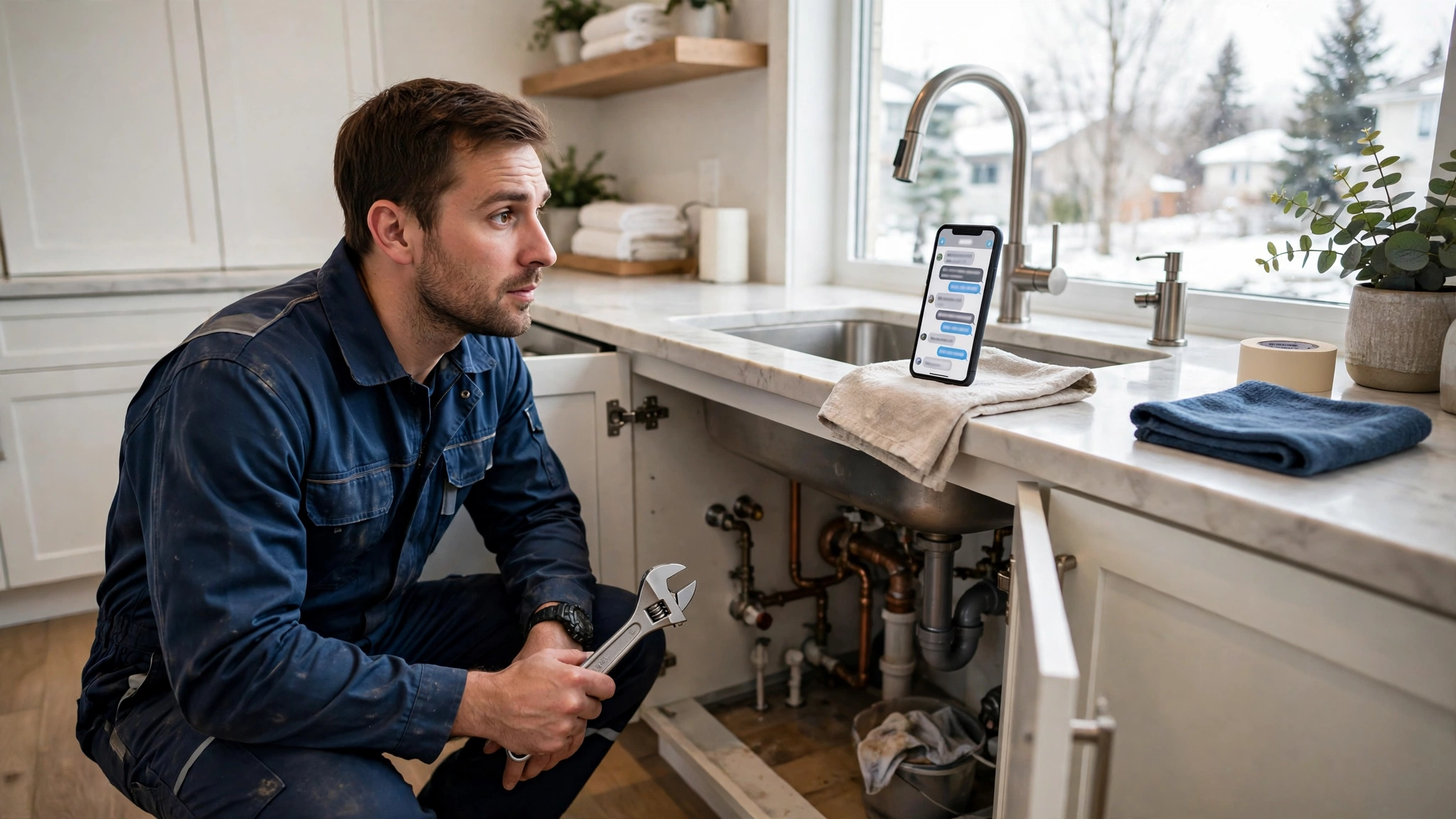 Homeowner at night using a phone to chat while looking at a leaking pipe under a kitchen sink, bucket placed underneath