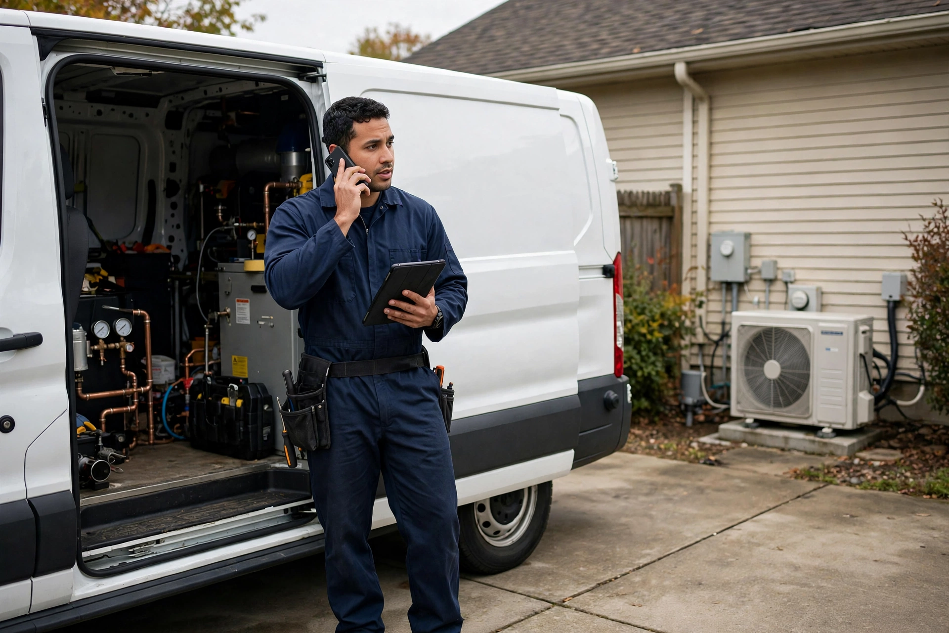 HVAC technician in uniform beside a service van outside a Canadian home in winter, holding a phone and a tool bag