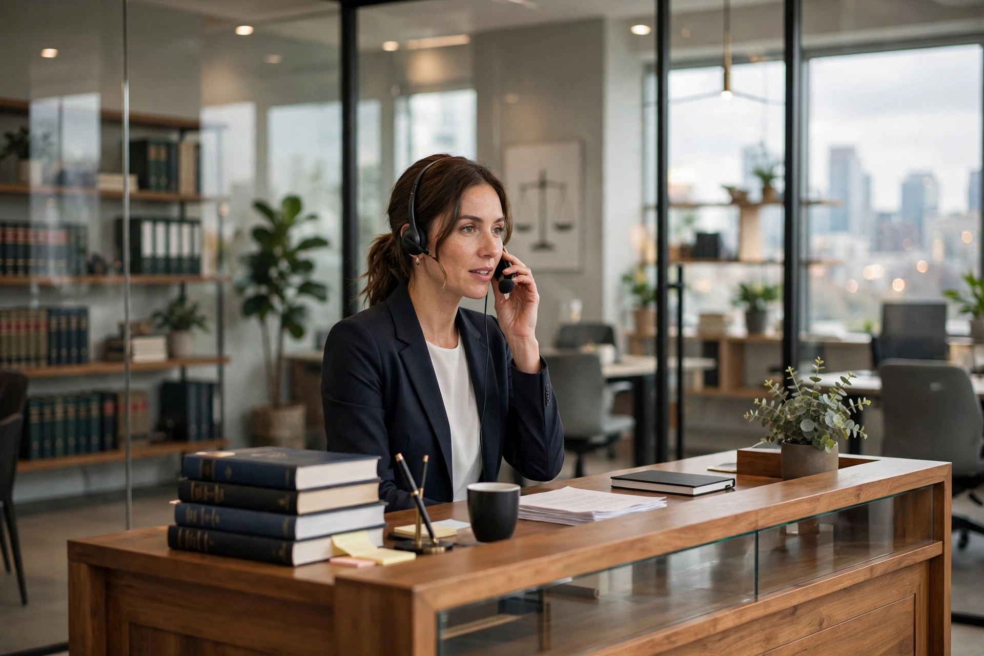 Toronto law firm reception area with a professional answering a client call at a polished front desk, legal books and a city view behind her