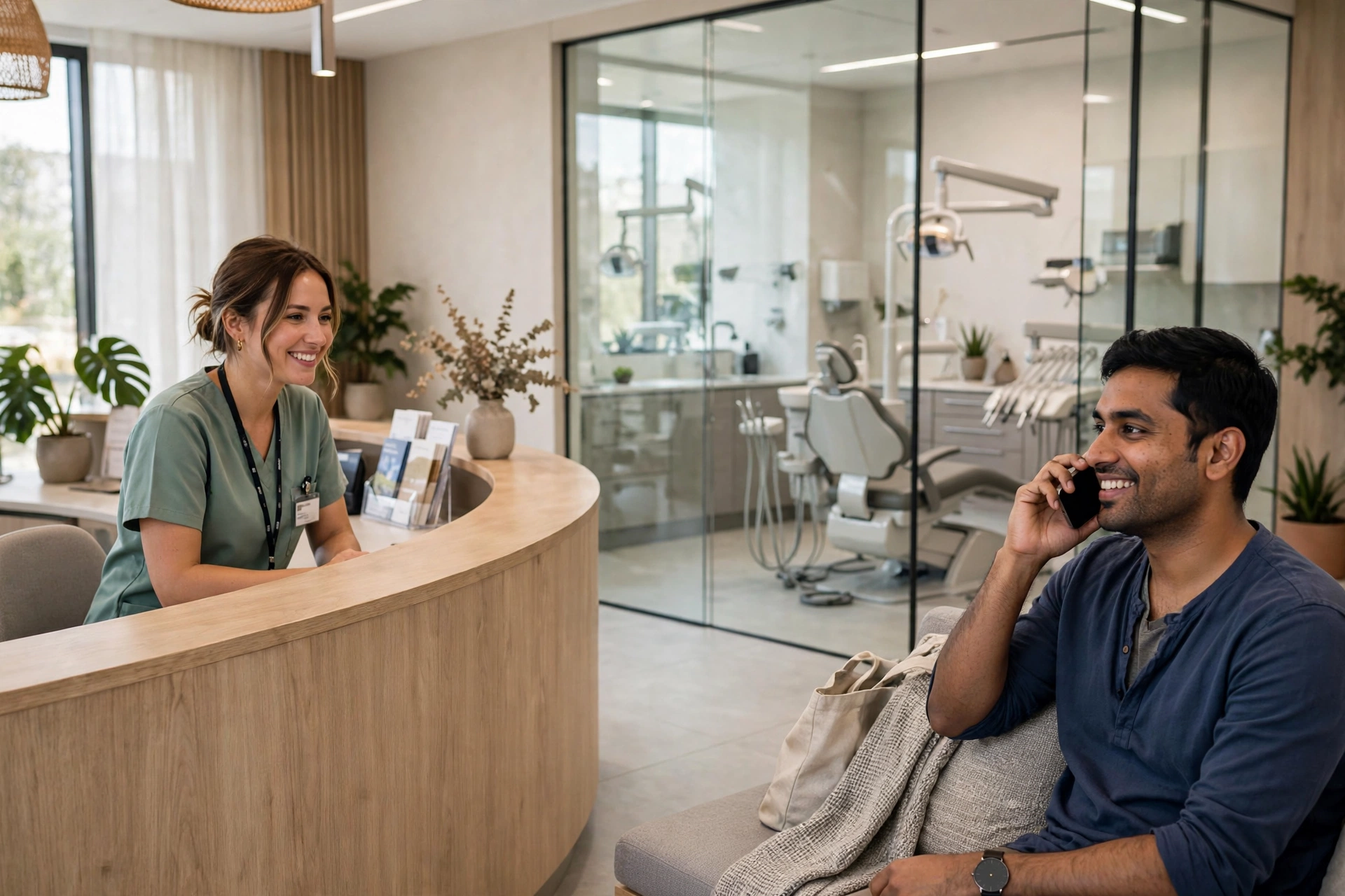 Patient using his phone at a modern dental clinic front desk, treatment rooms visible behind