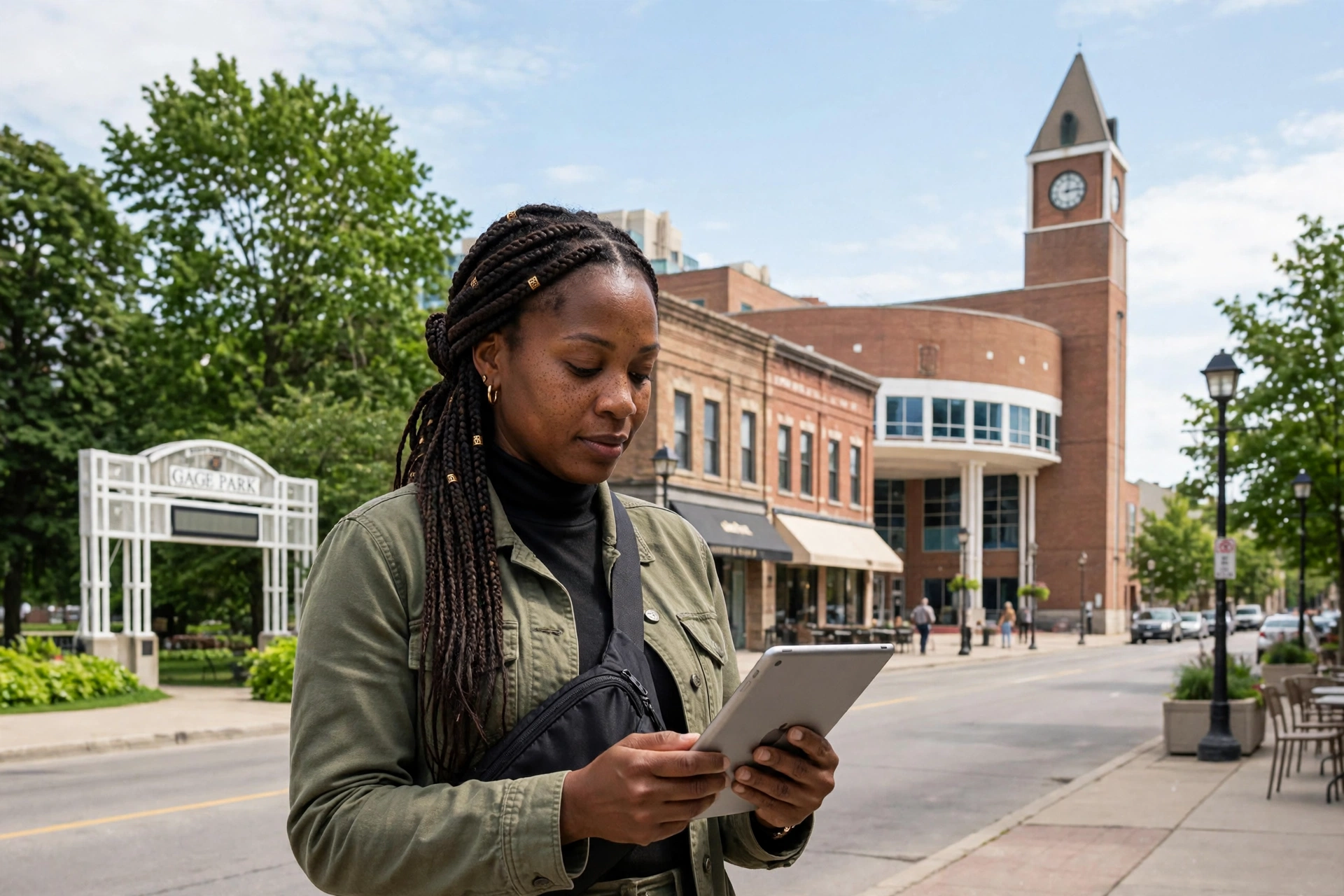 Brampton boutique owner reading a tablet on Queen Street, with the Gage Park arch and Brampton City Hall clock tower behind her