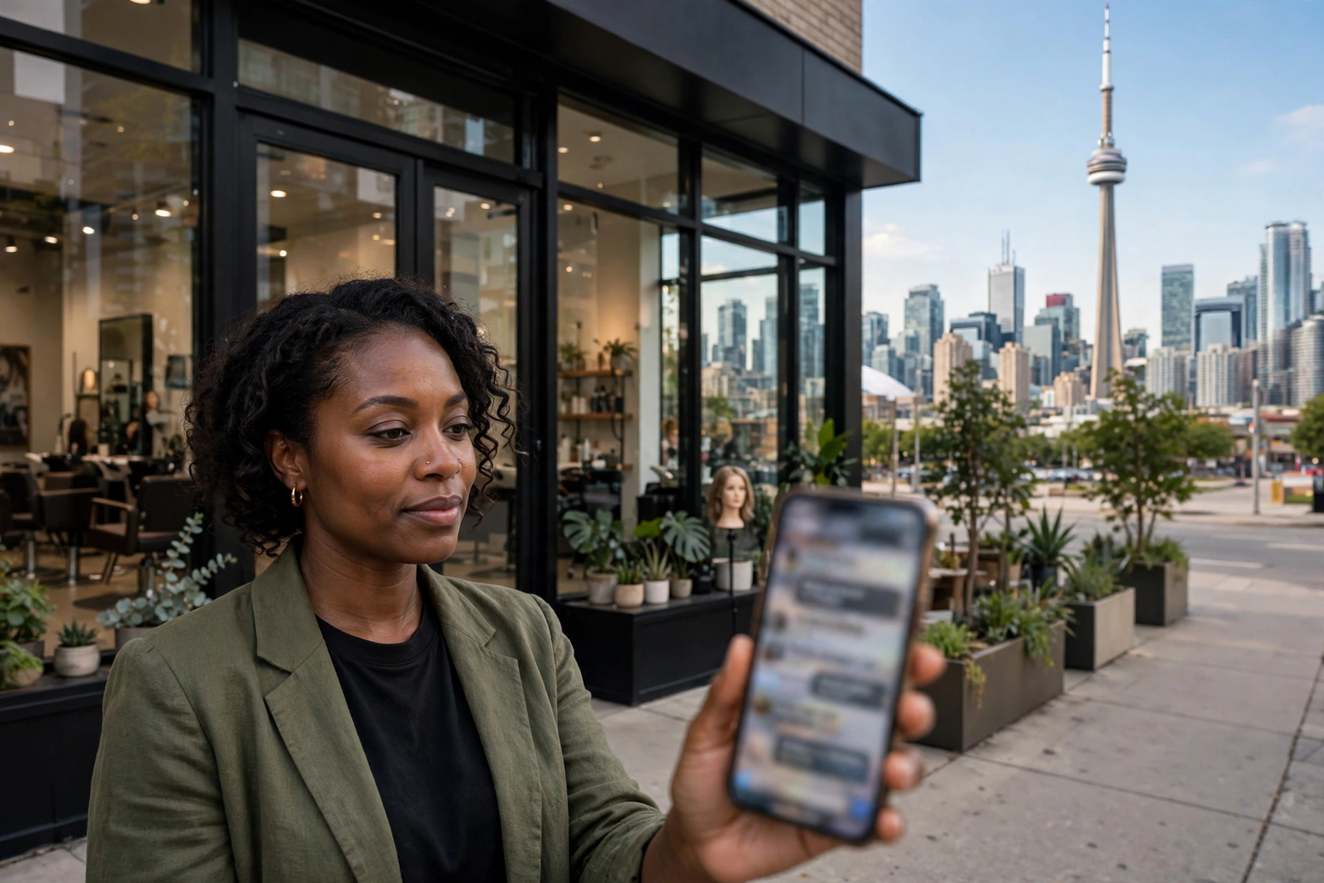 Toronto hair salon owner holding a smartphone with a blurred chat conversation outside her salon, with the CN Tower and Toronto skyline behind her