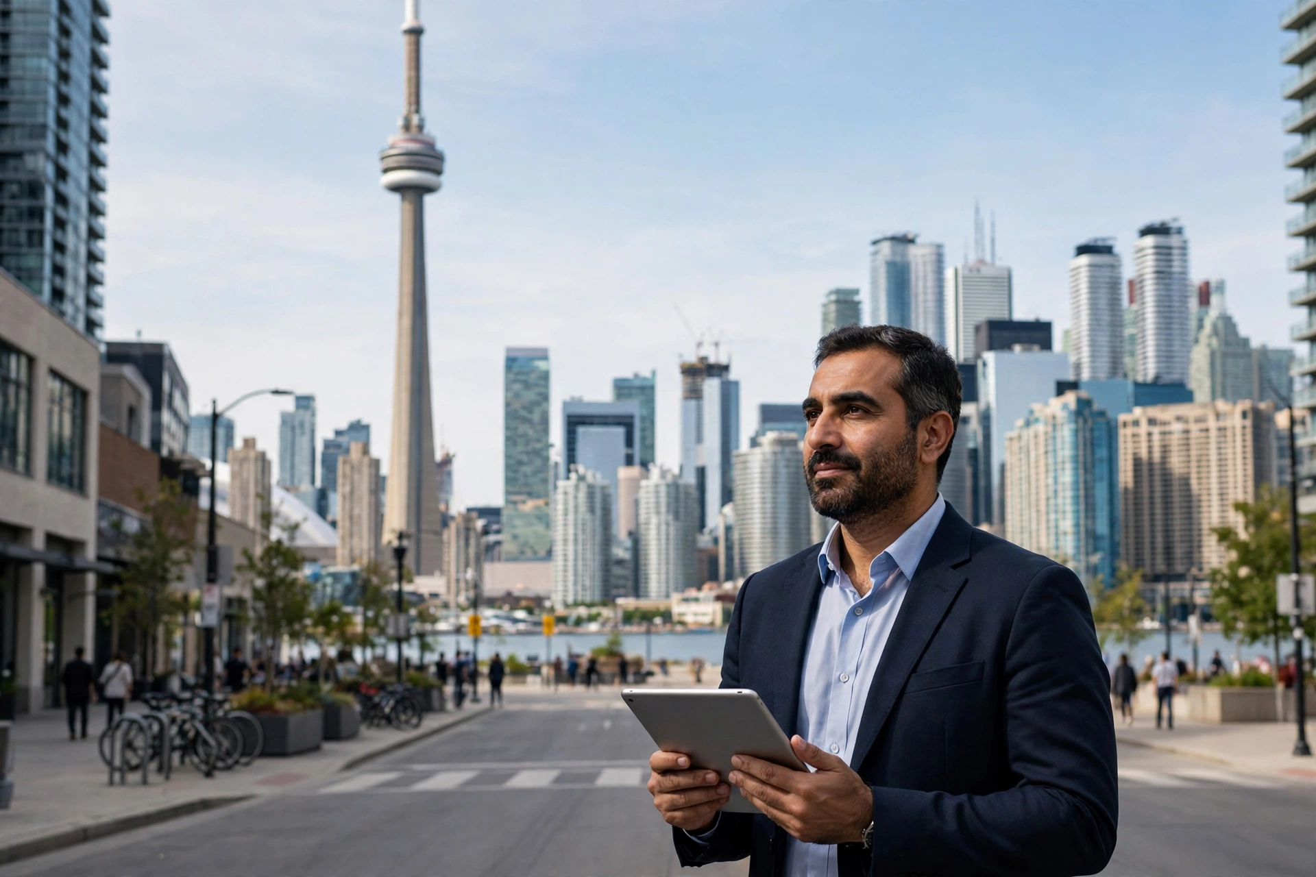 Toronto clinic owner holding a tablet on a downtown street, with the CN Tower and Toronto skyline behind him