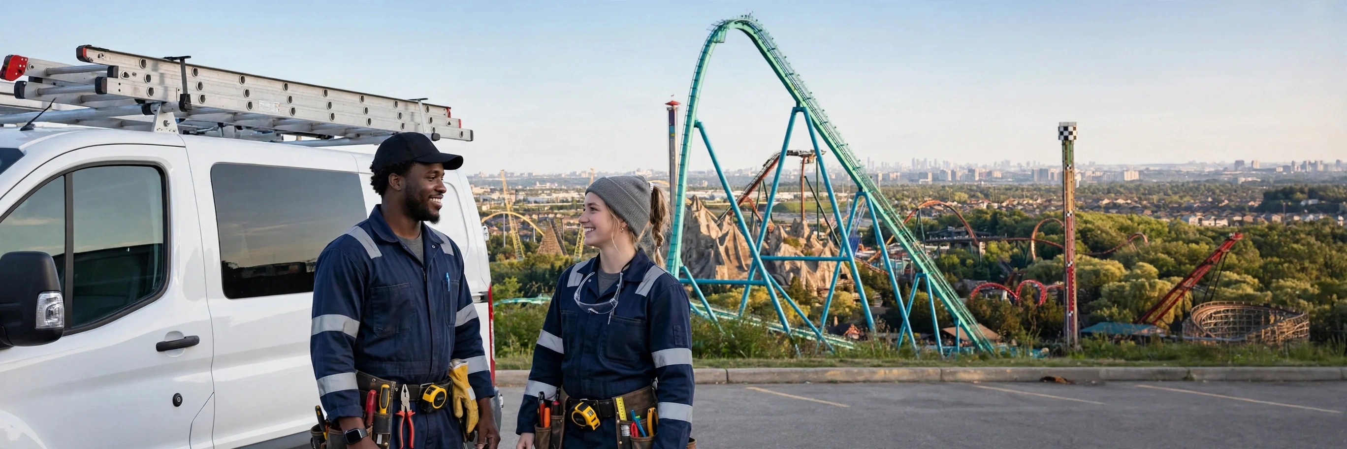 Vaughan home services team beside their work van, with Canada's Wonderland roller coasters behind them