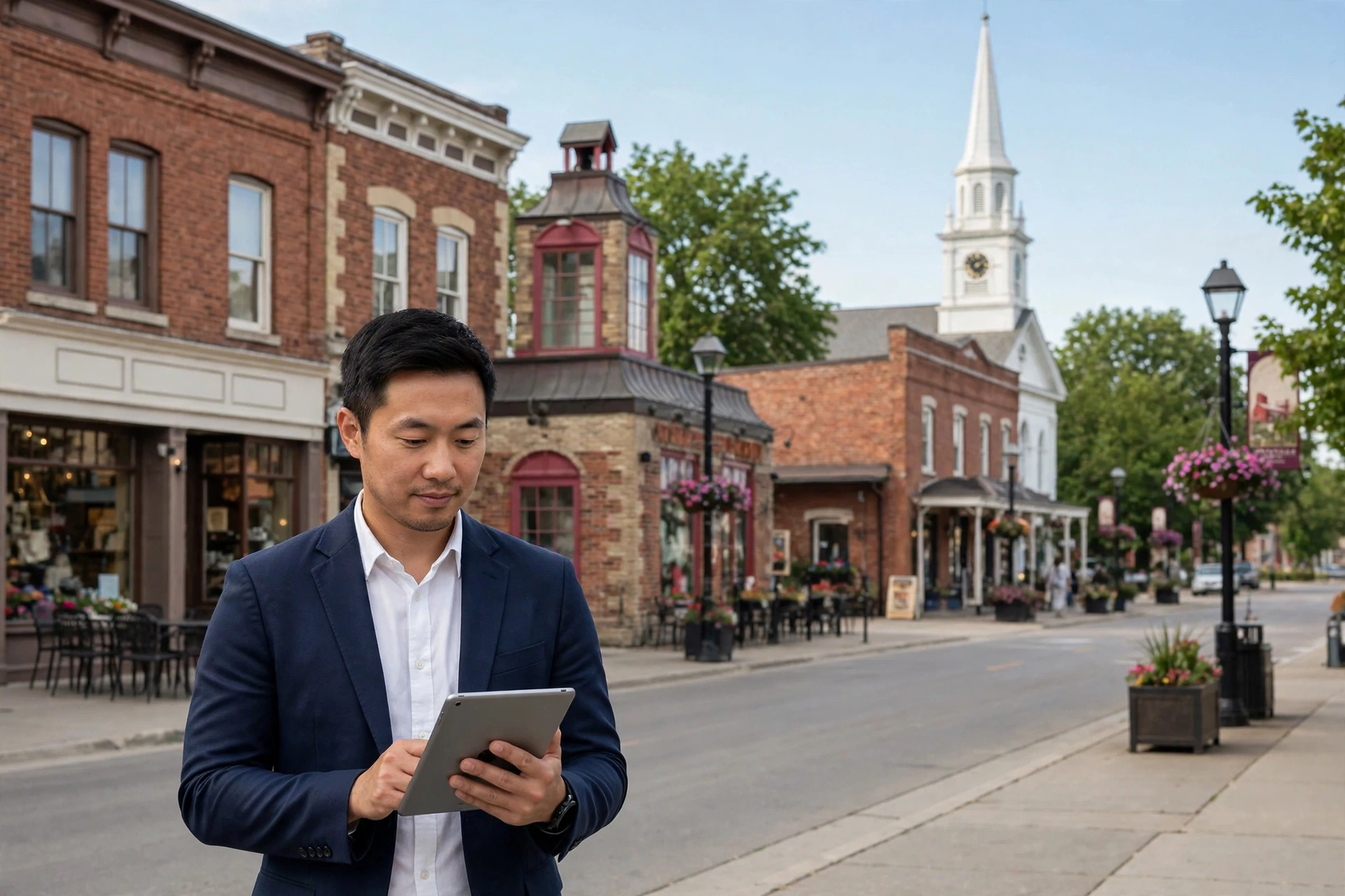 Markham business owner holding a tablet on Main Street Unionville, with heritage storefronts and the white church steeple behind him