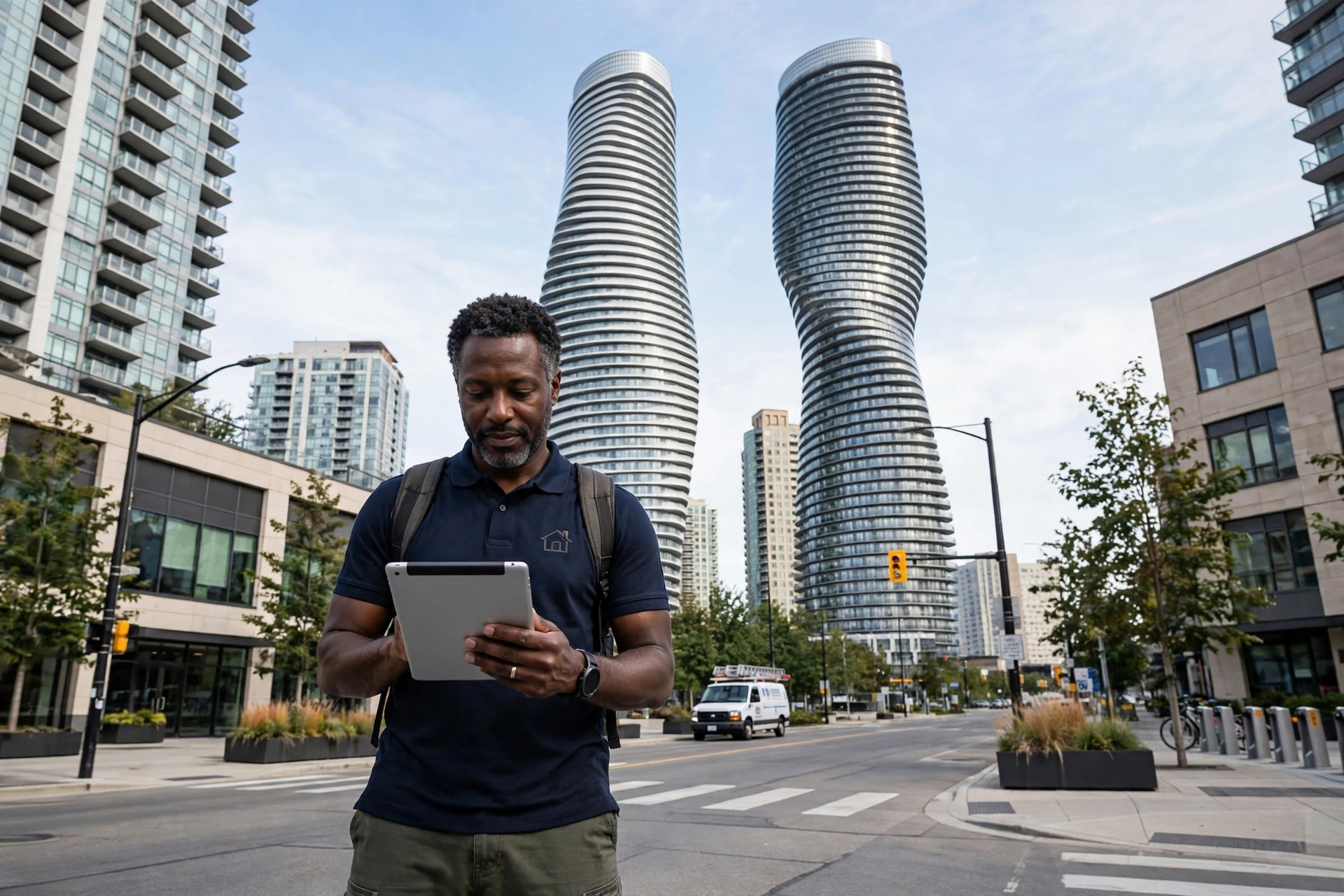 Mississauga home services owner holding a tablet on a city street, with the Absolute World Marilyn Monroe towers behind him