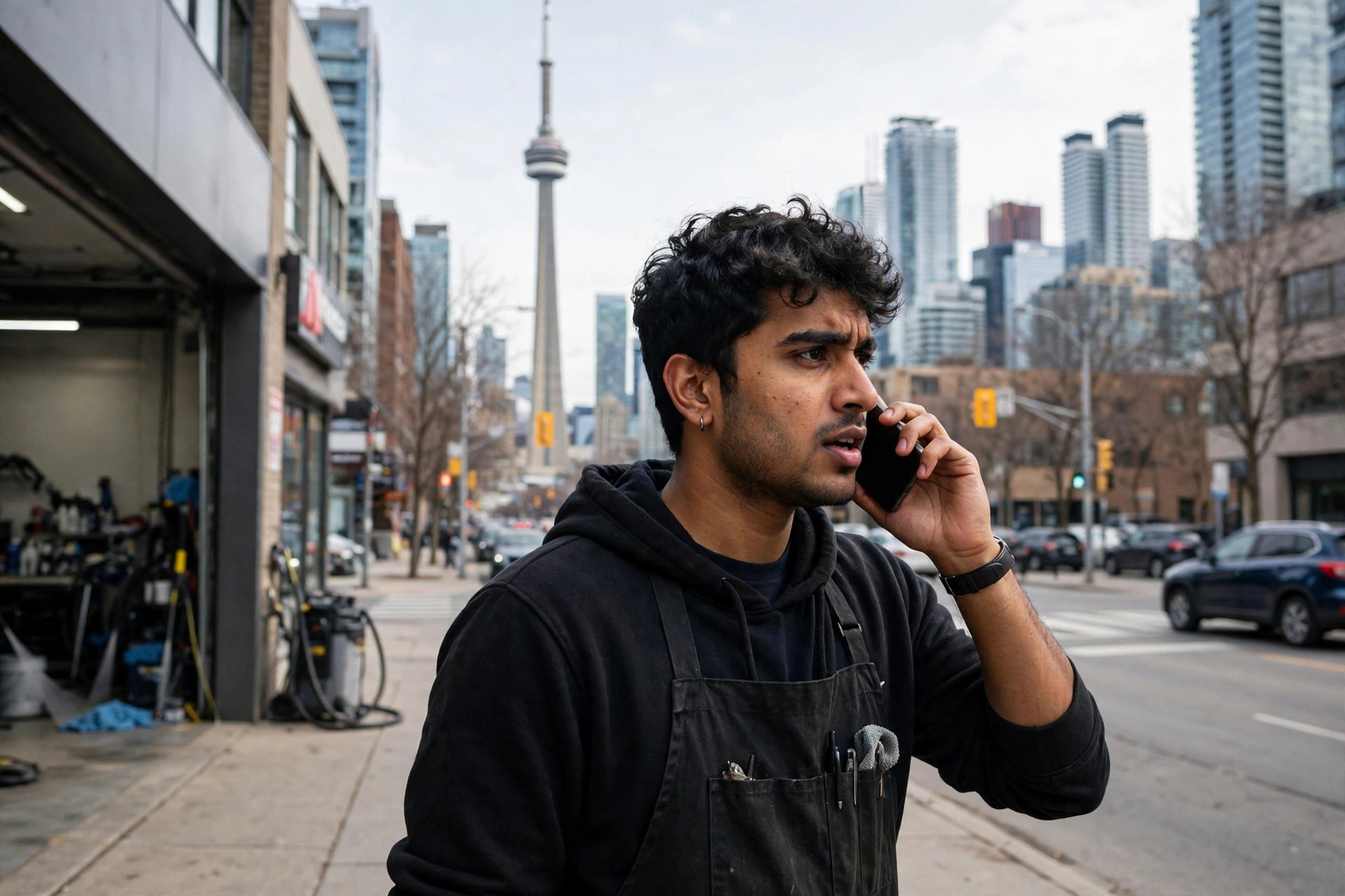 Toronto auto detailing owner answering a customer call on a downtown street, with the CN Tower and Toronto skyline behind him