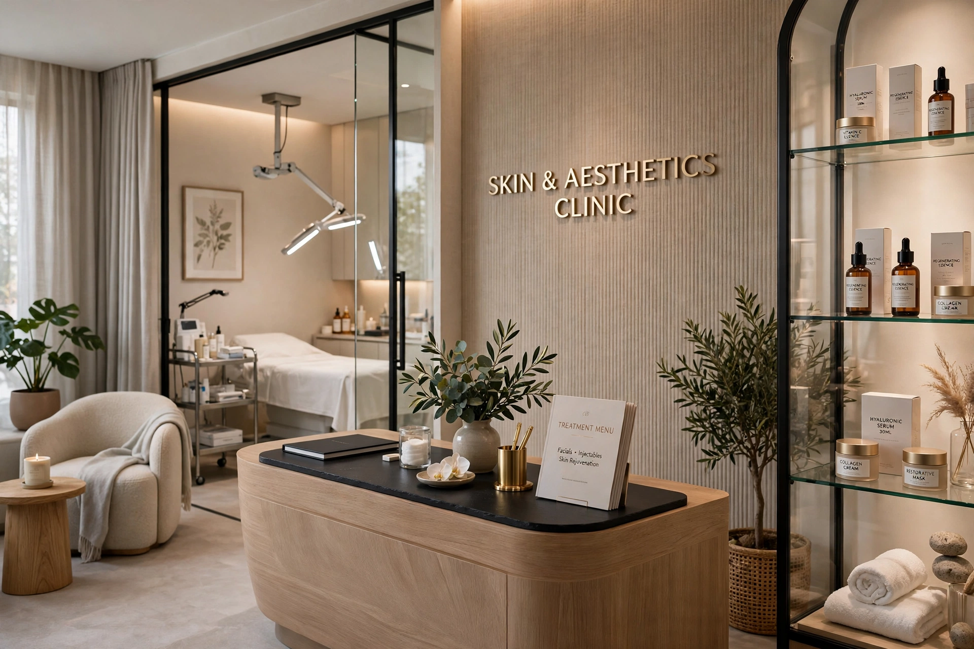 Calm premium cosmetic clinic reception with soft lighting, a consultation room and treatment menu displays on the wall