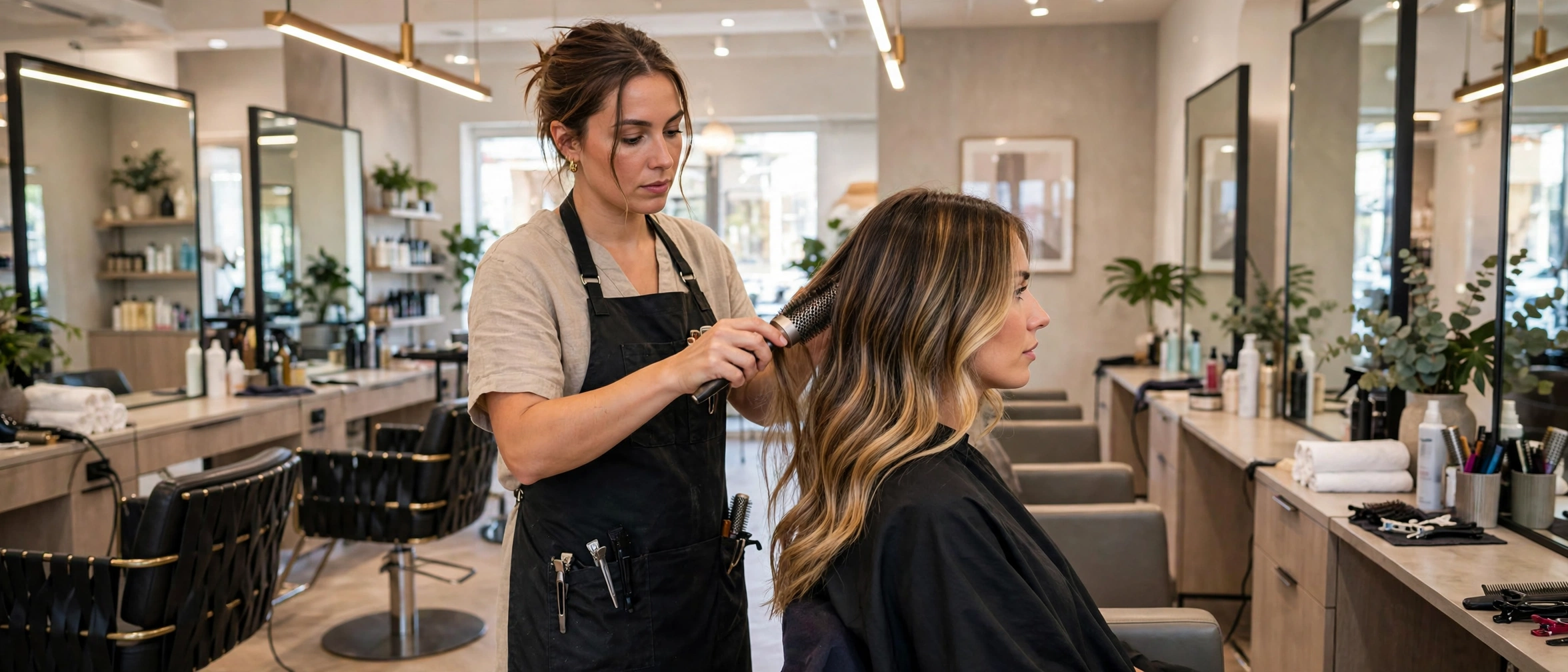 Stylist finishing a glossy balayage blowout for a smiling client in a bright modern hair salon with mirrors and styling stations
