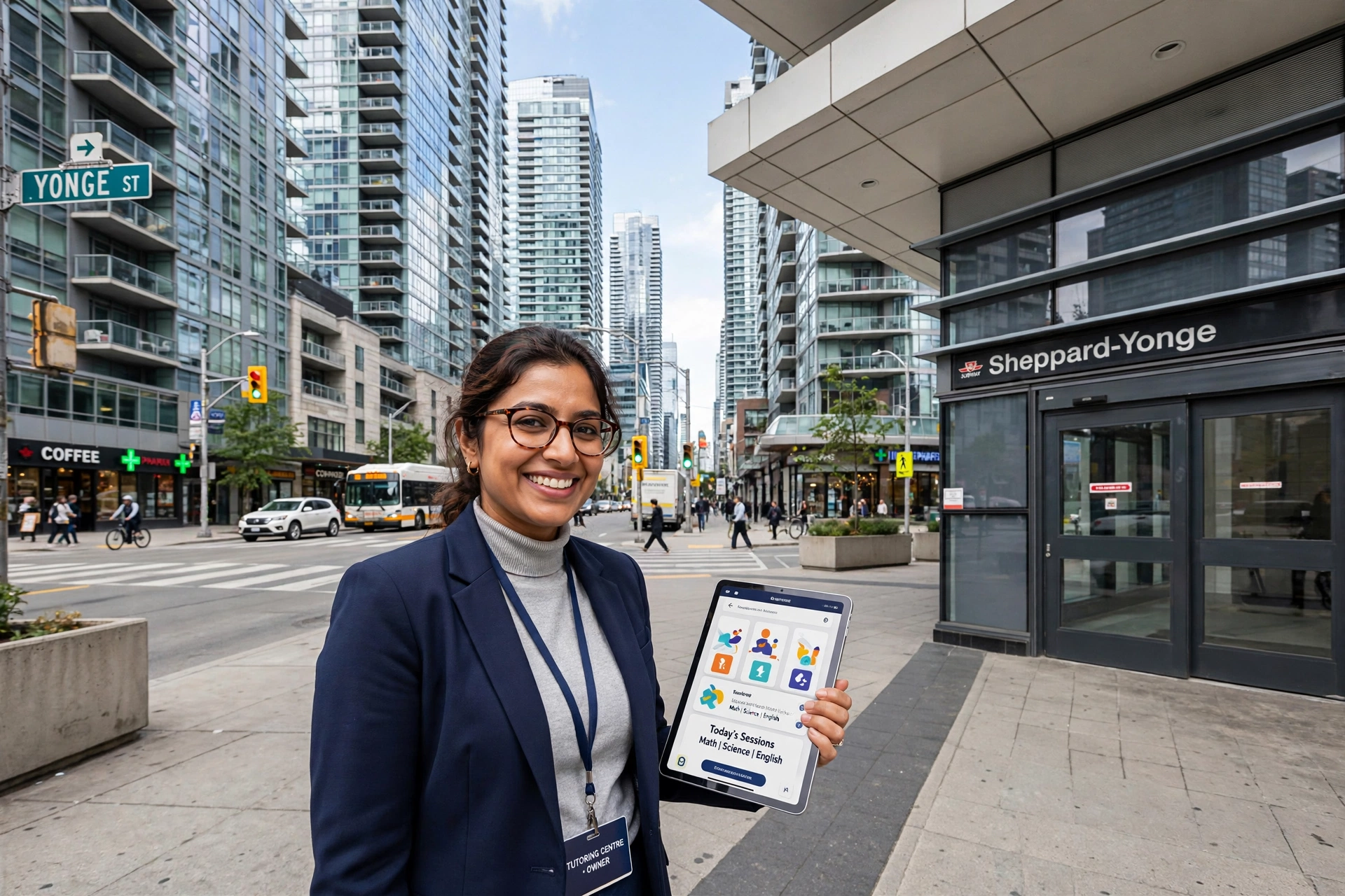 North York tutoring centre owner holding a tablet on Yonge Street at Sheppard Avenue, with the Sheppard-Yonge subway station entrance and the Yonge Street condo towers behind her