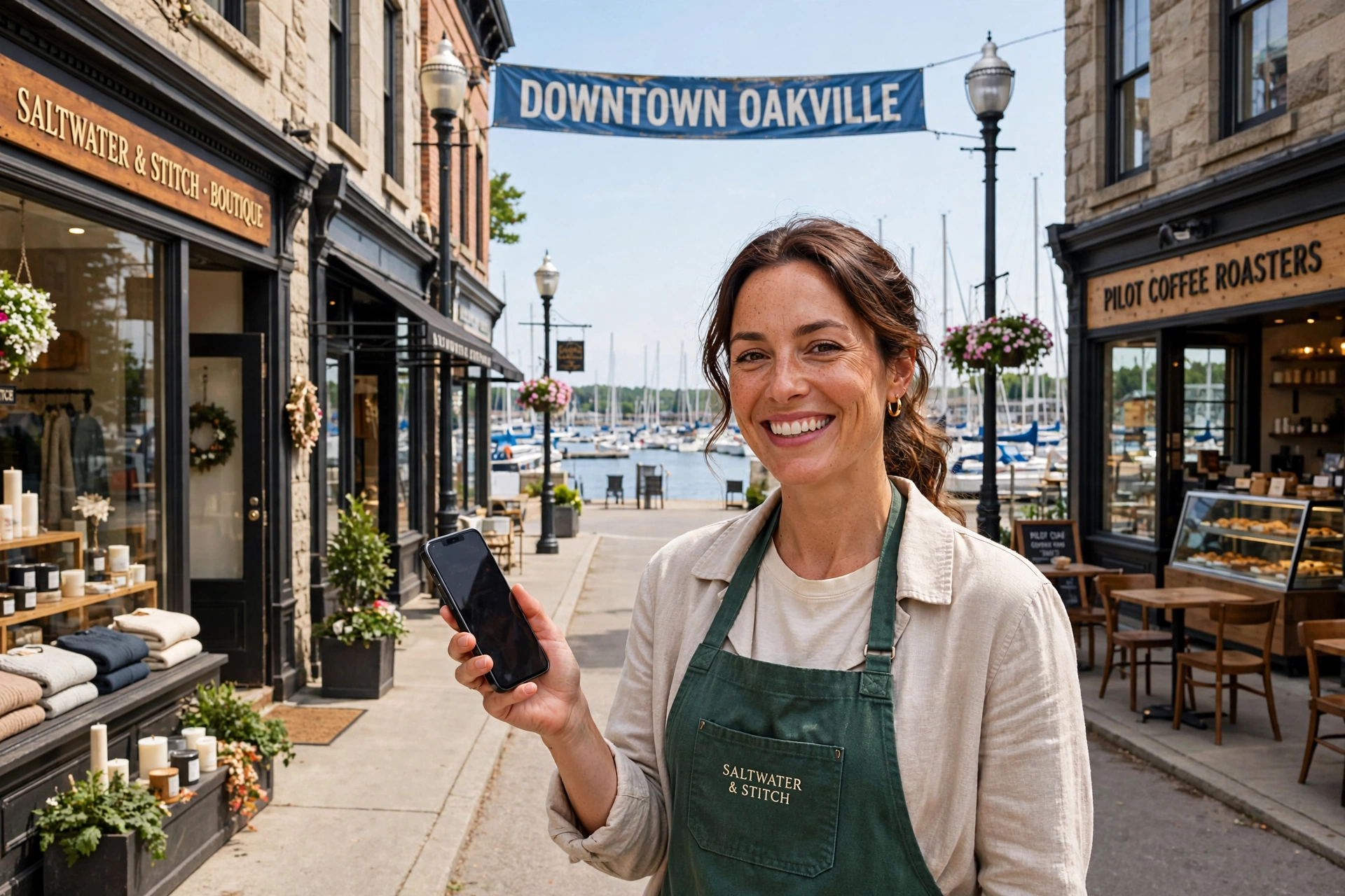 Oakville boutique owner holding a phone on Lakeshore Road East in Downtown Oakville, with the harbour masts and Downtown Oakville banner behind her