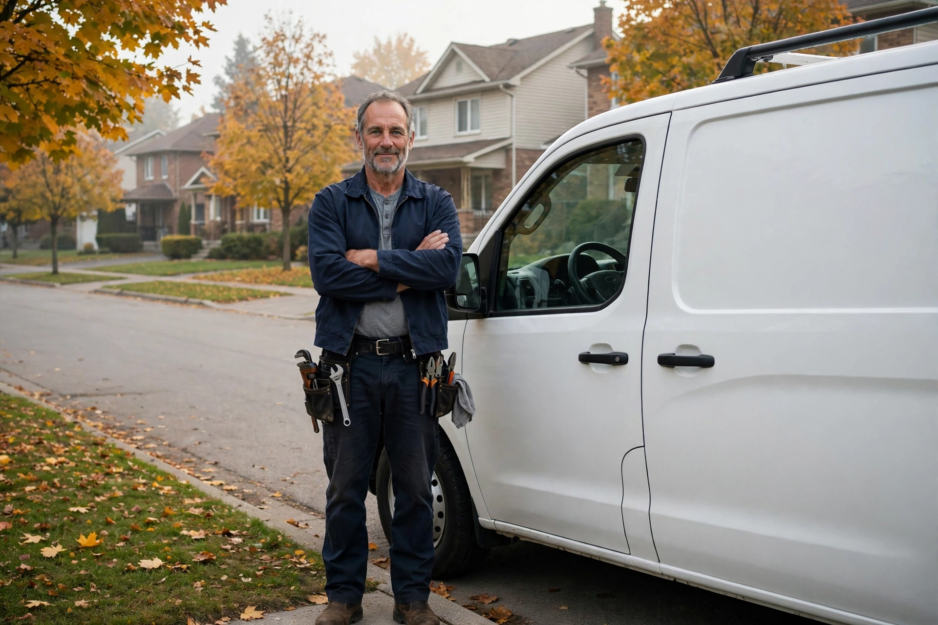 Licensed plumber in company uniform with a tool bag standing beside a branded service van outside a suburban home, holding a tablet showing a booked job