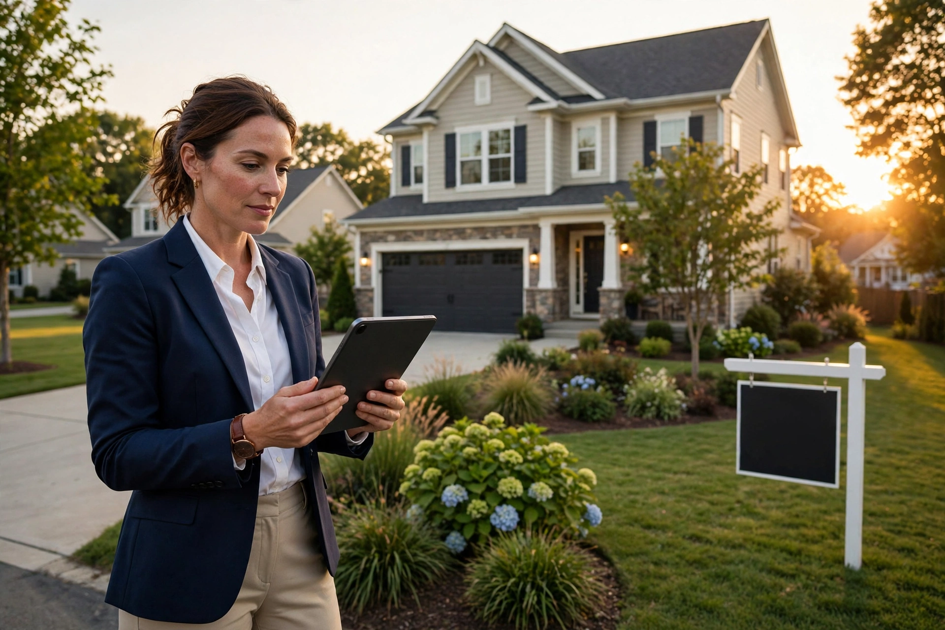 Real estate agent in a smart blazer standing with a tablet in front of a welcoming family home on a tree-lined neighbourhood street