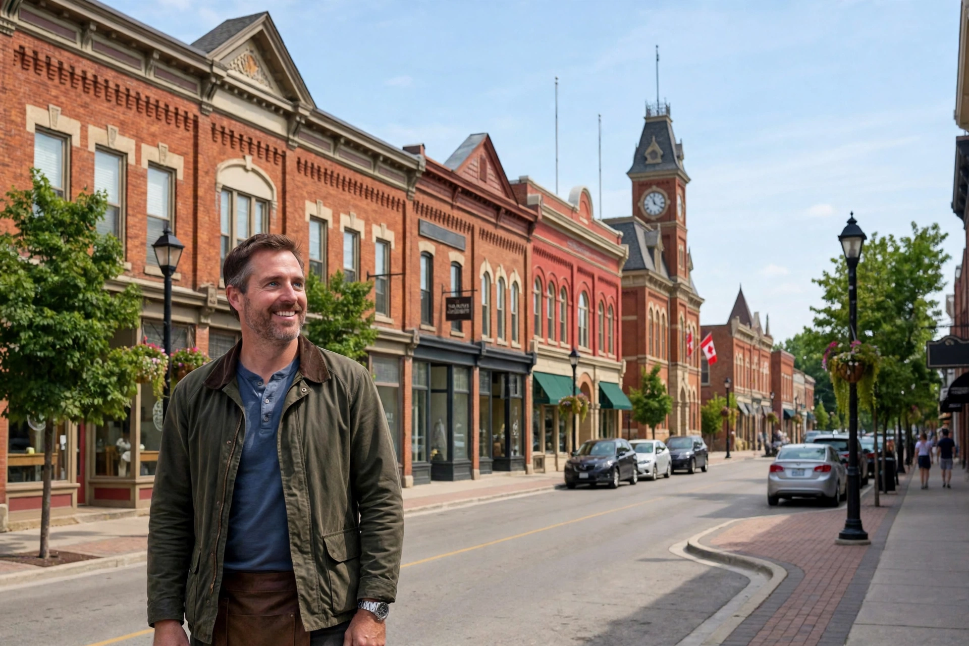 Aurora business owner standing on historic Yonge Street in downtown Aurora, with heritage storefronts and the Town Park area behind him