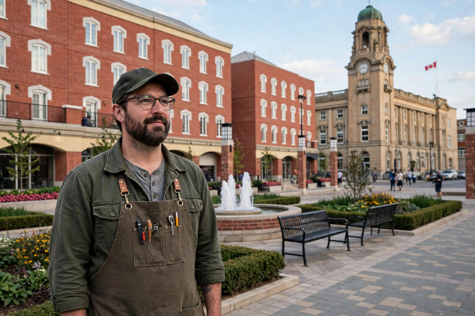 Brantford business owner standing in Harmony Square in downtown Brantford, with City Hall and downtown storefronts behind him