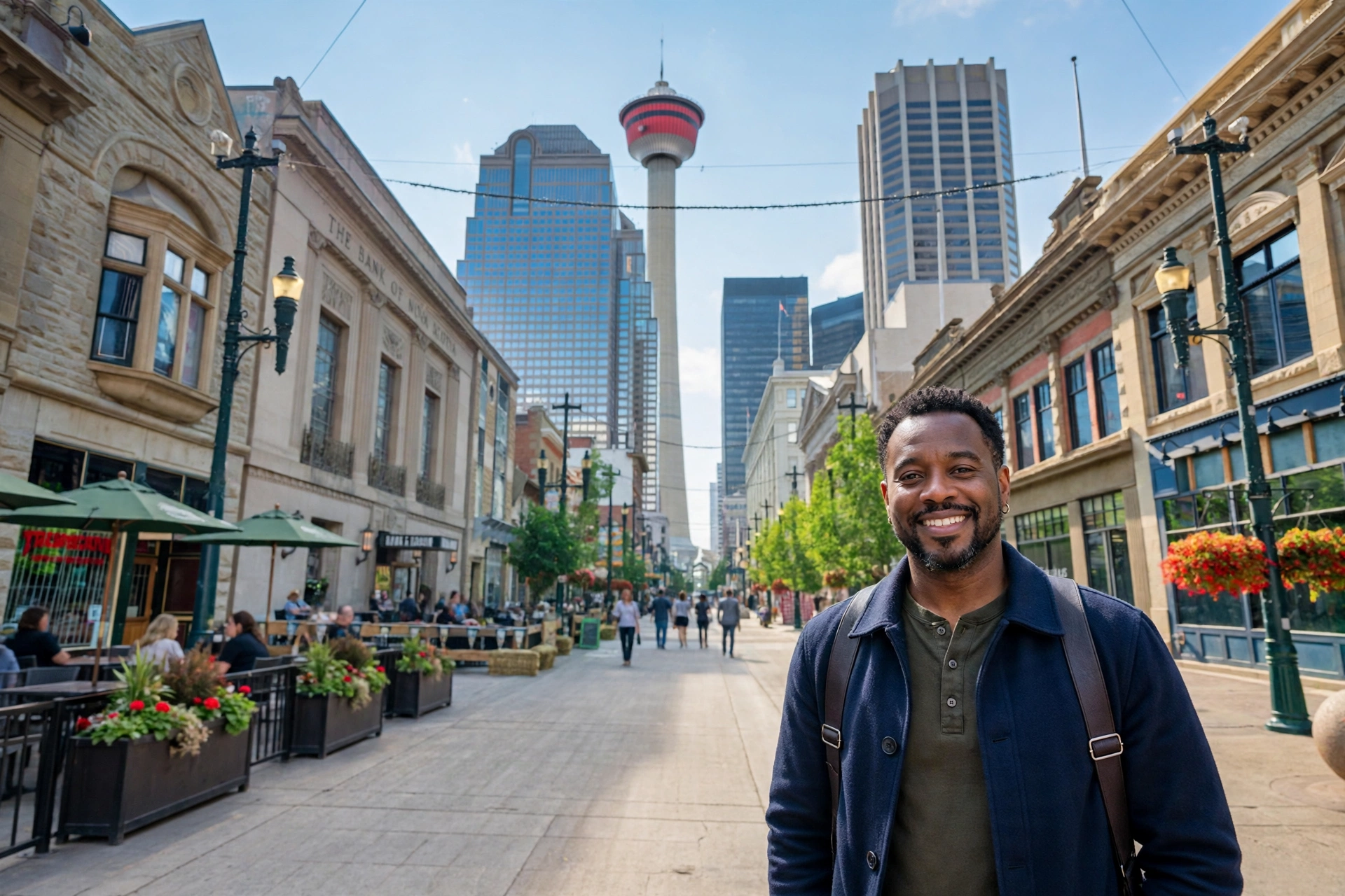Calgary business owner standing on Stephen Avenue Walk with the Calgary Tower behind her