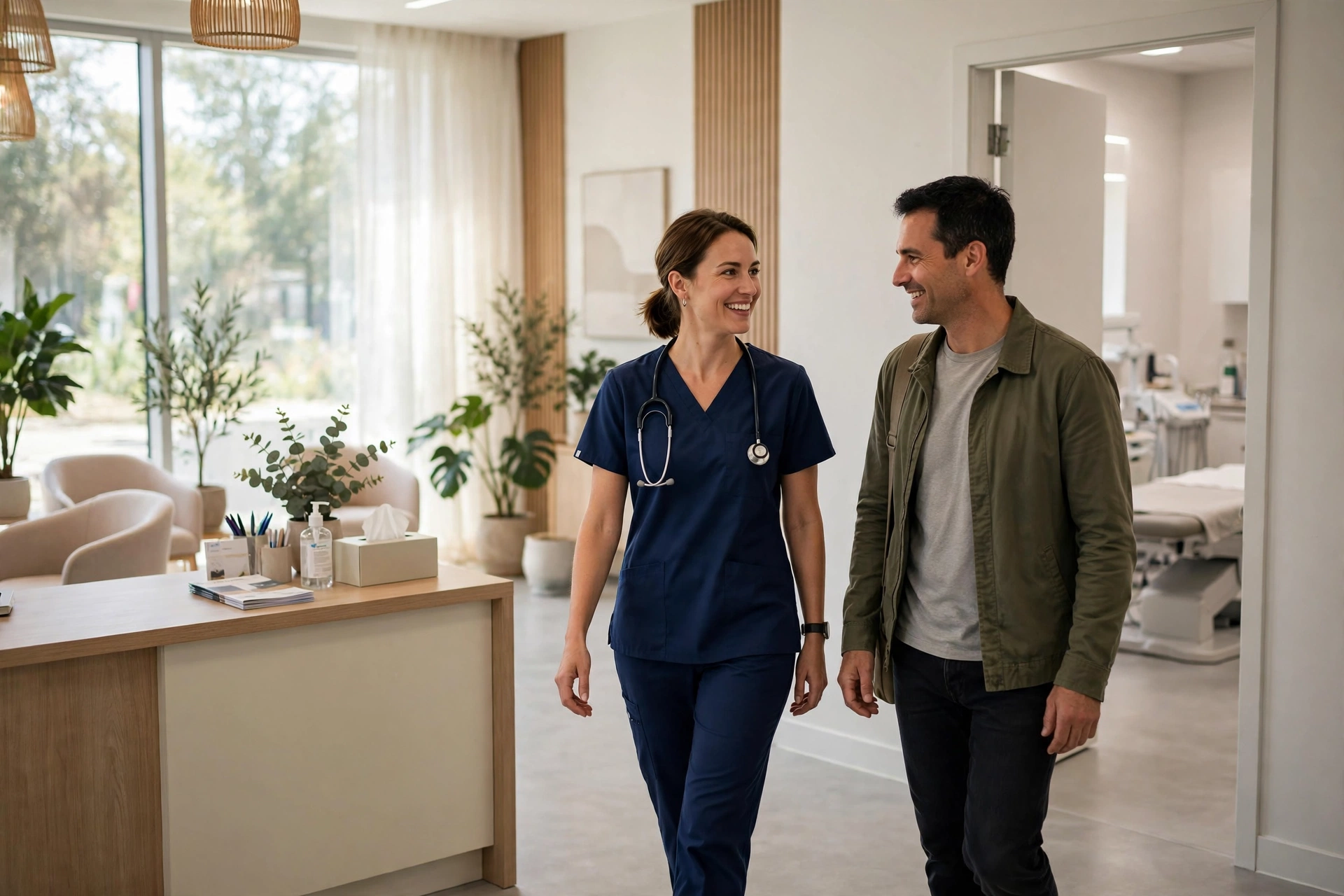 Bright modern clinic reception area with a friendly front-desk coordinator greeting a patient, treatment rooms and a clean waiting area behind her