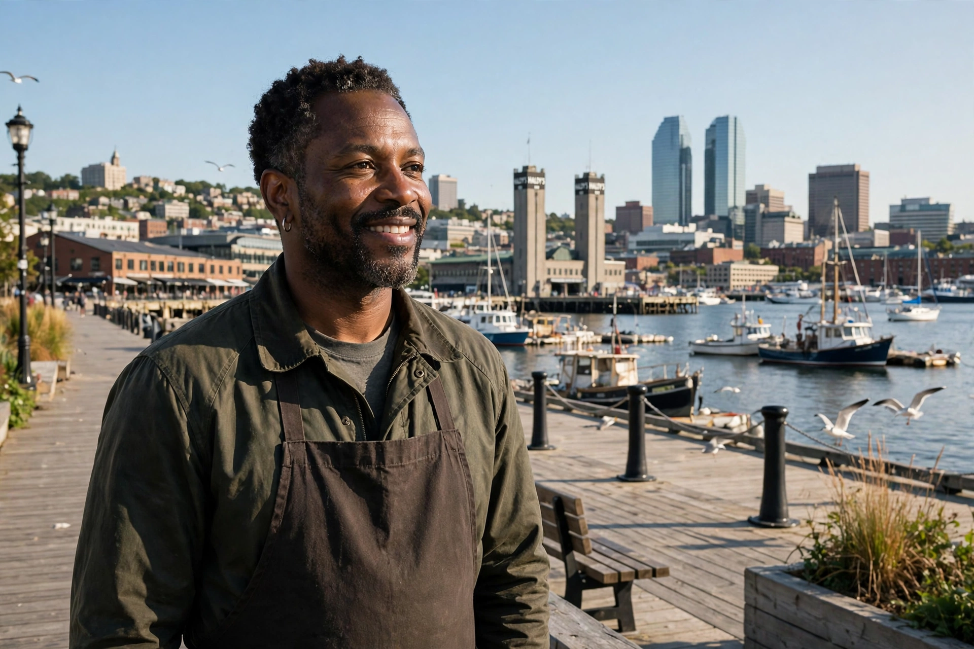 Halifax business owner standing on the Halifax waterfront boardwalk with the harbour and downtown towers behind him