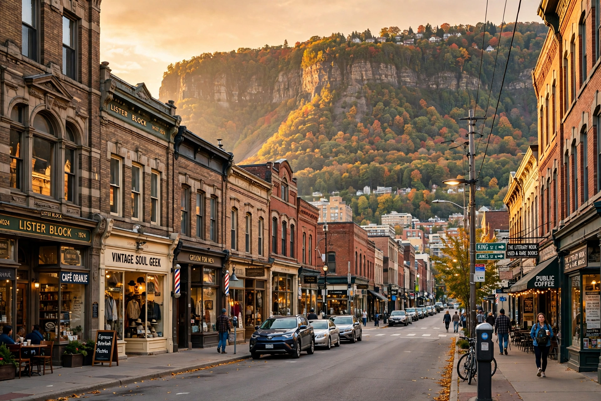 Downtown Hamilton streetscape at golden hour with historic storefronts, the escarpment rising behind the city