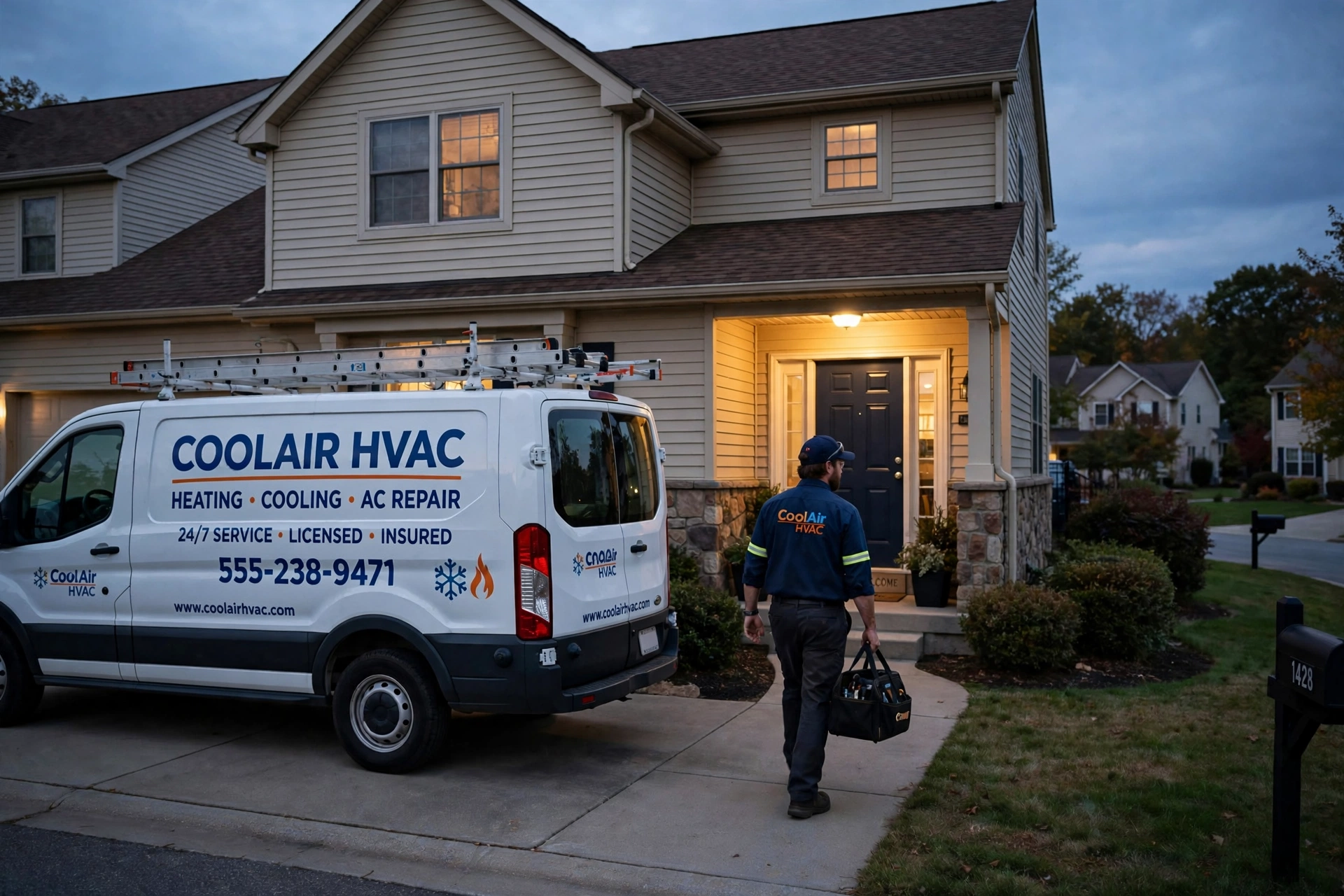 HVAC service van parked outside a suburban home while a technician carries tools toward the front door at dusk