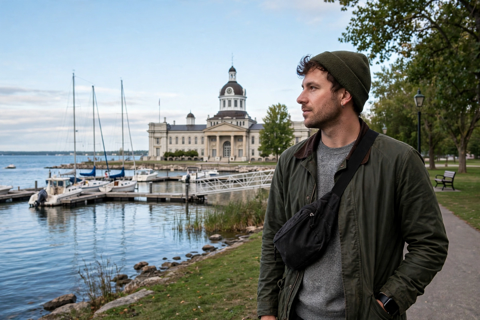 Kingston business owner standing in Confederation Park by the marina, with Kingston City Hall and its clock tower behind him