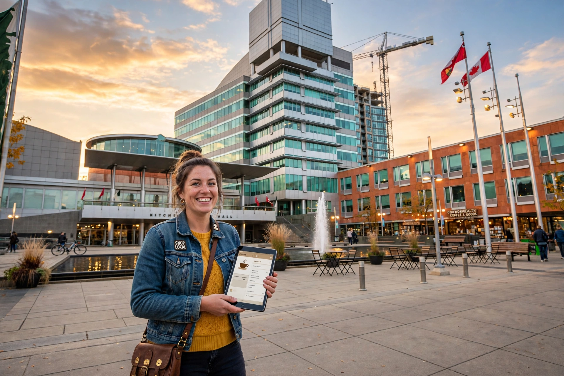 Kitchener business owner holding a tablet on the square in front of Kitchener City Hall, with the tower and reflecting pool behind her