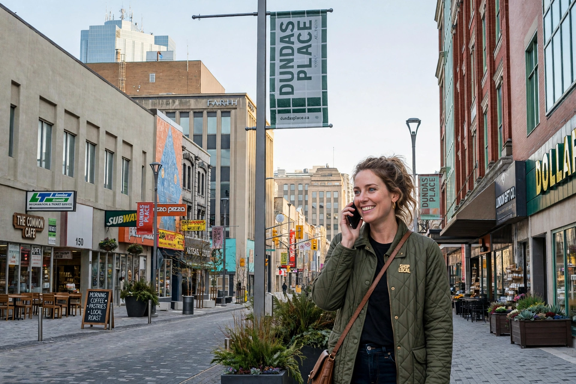 London, Ontario business owner talking on her phone on the Dundas Place pedestrian street, with downtown storefronts behind her