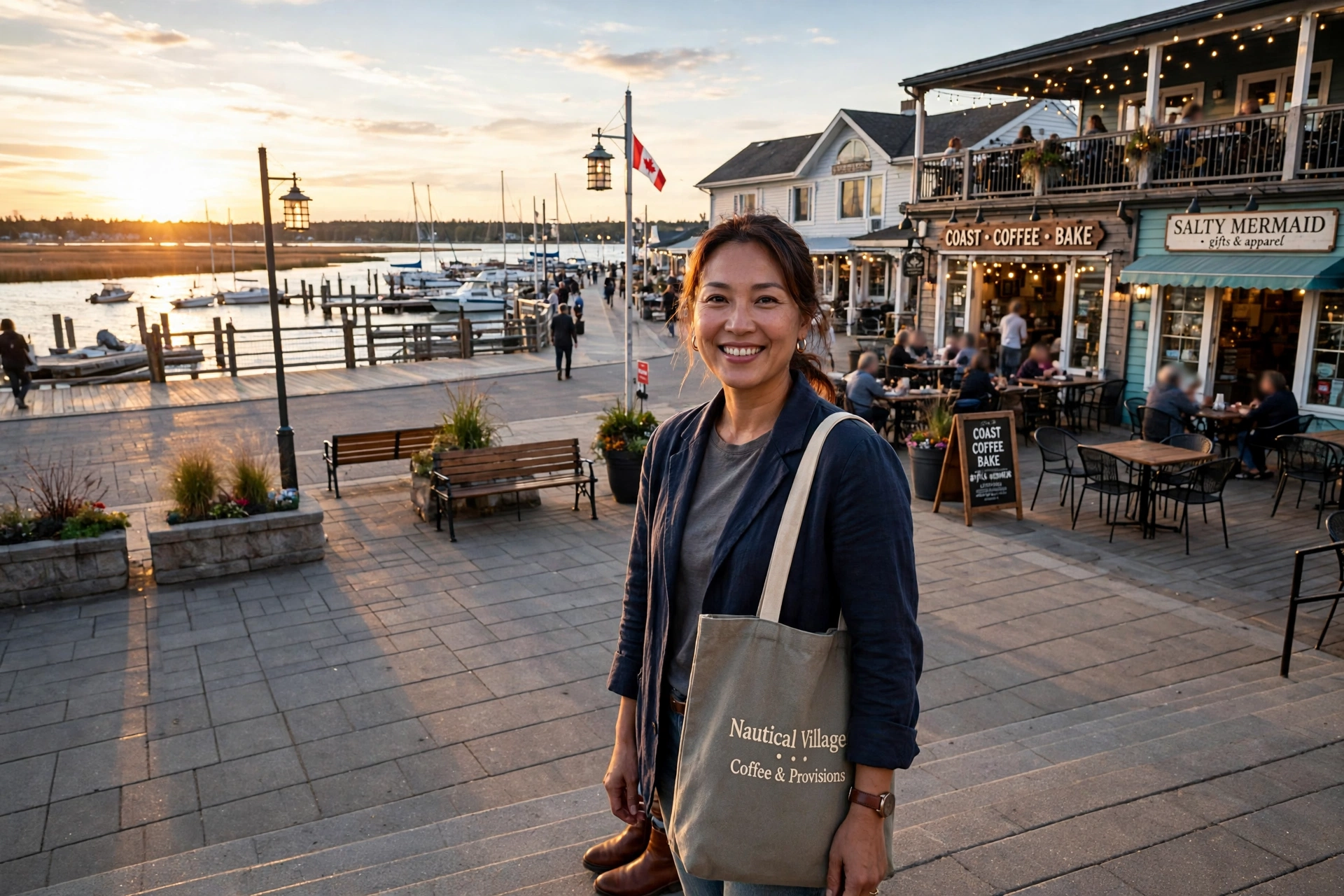 Pickering business owner standing in the Nautical Village by Frenchman's Bay, with the marina, cafes and boardwalk behind her at golden hour