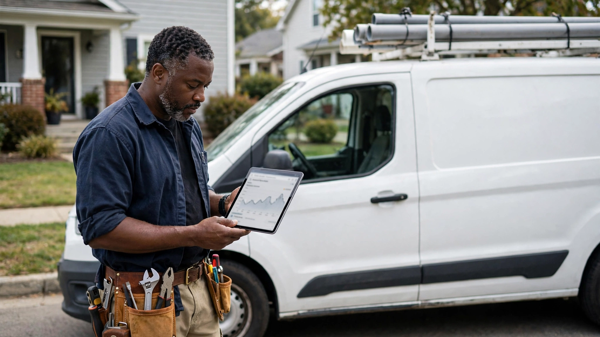 Plumbing company owner in work clothes beside his service van in front of a suburban house, looking at search analytics on a tablet