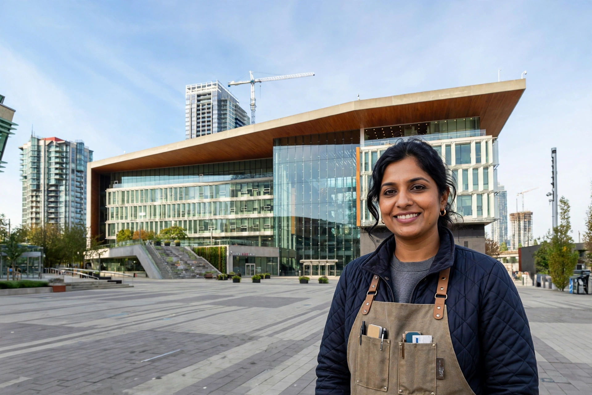 business owner in Surrey Civic Plaza with City Hall and the City Centre tower behind