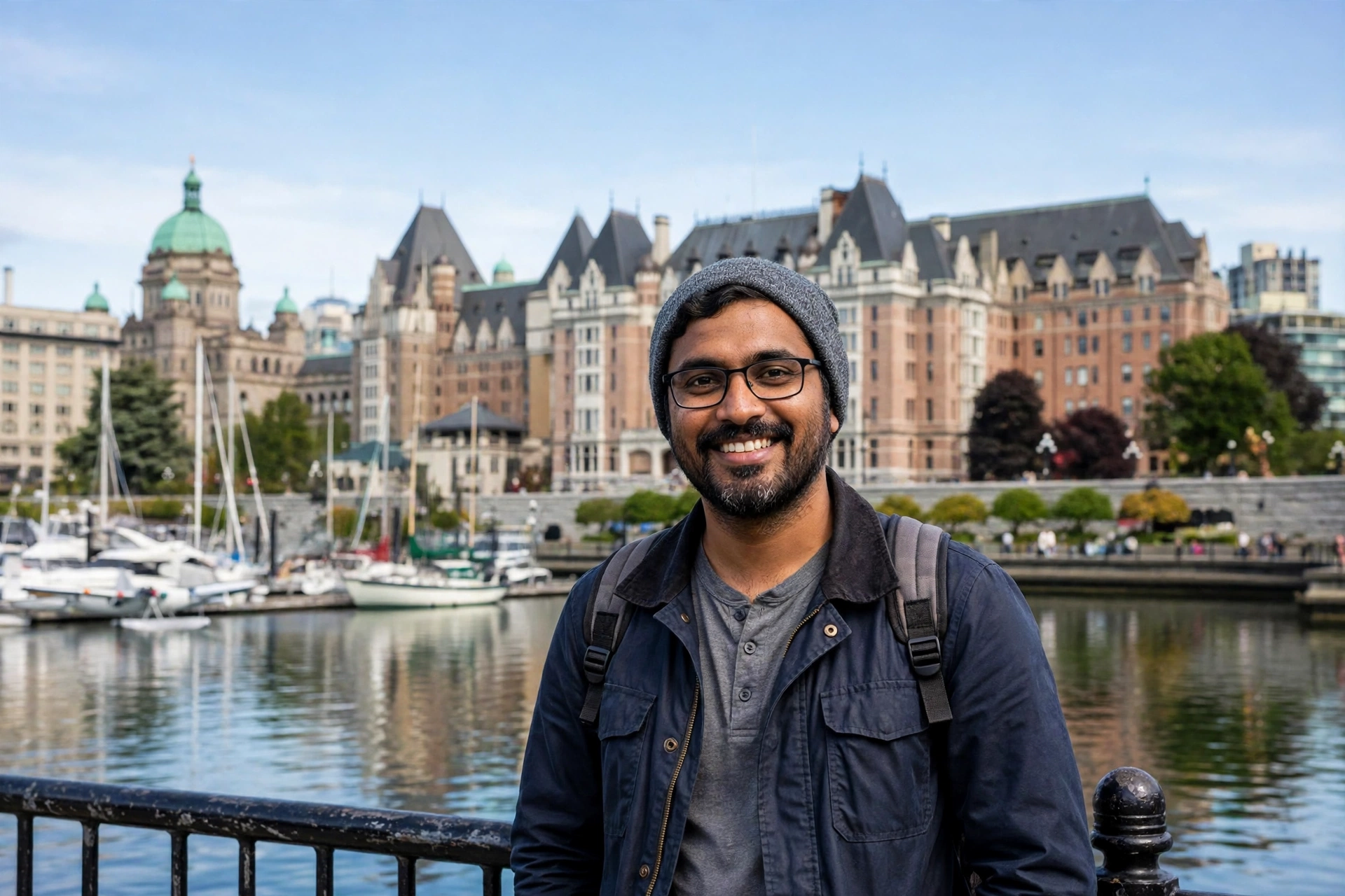 Victoria business owner standing in the Inner Harbour with the Parliament Buildings and the Empress Hotel behind her