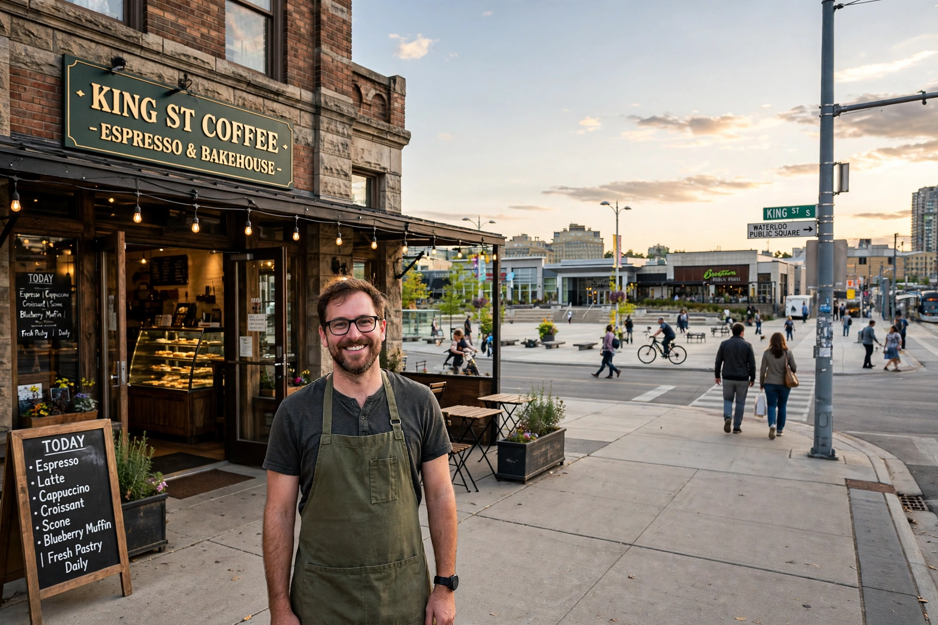 Waterloo cafe owner standing outside his King Street shop in Uptown Waterloo, with Waterloo Public Square behind him
